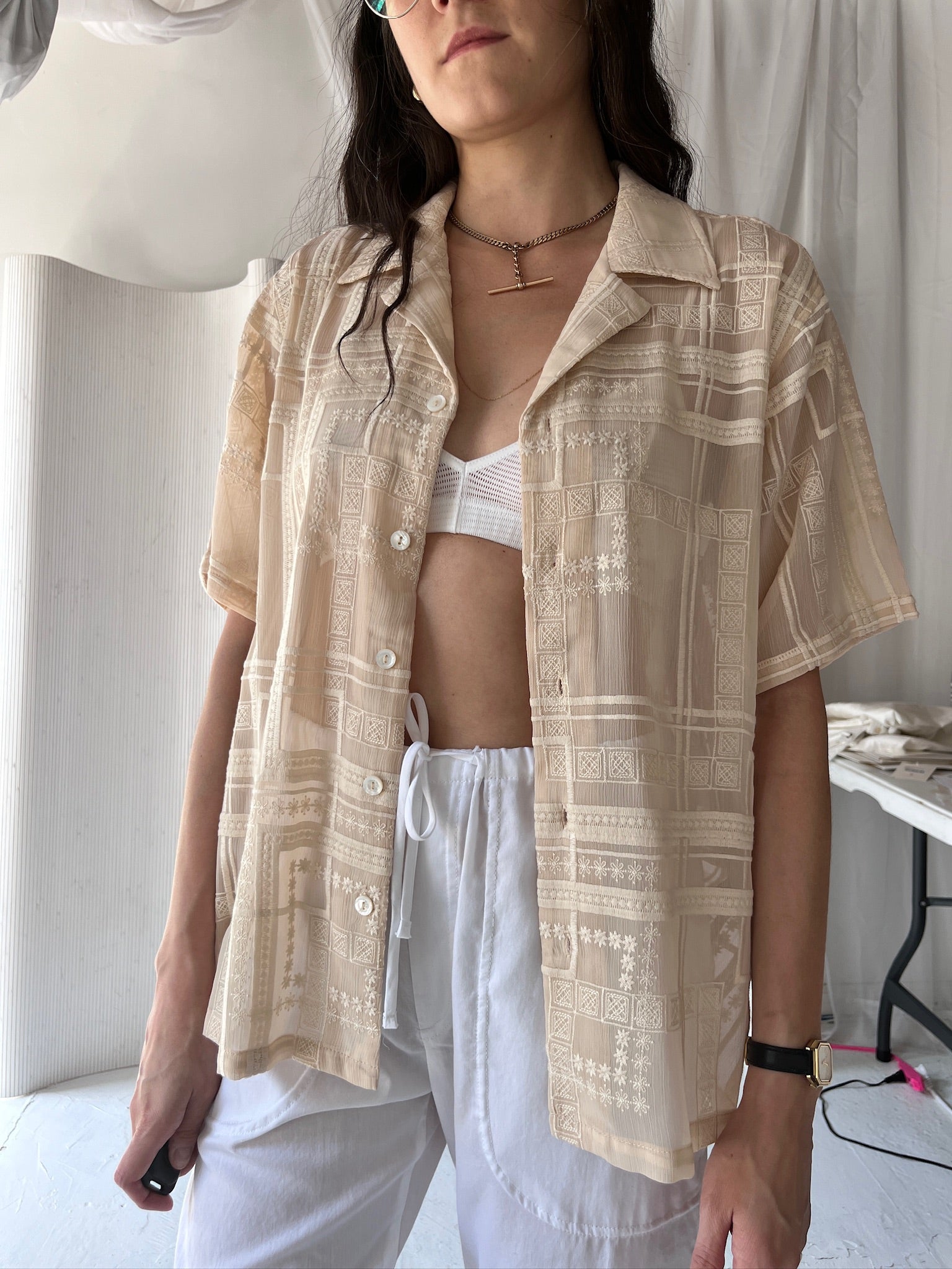 ALD beige sheer button down