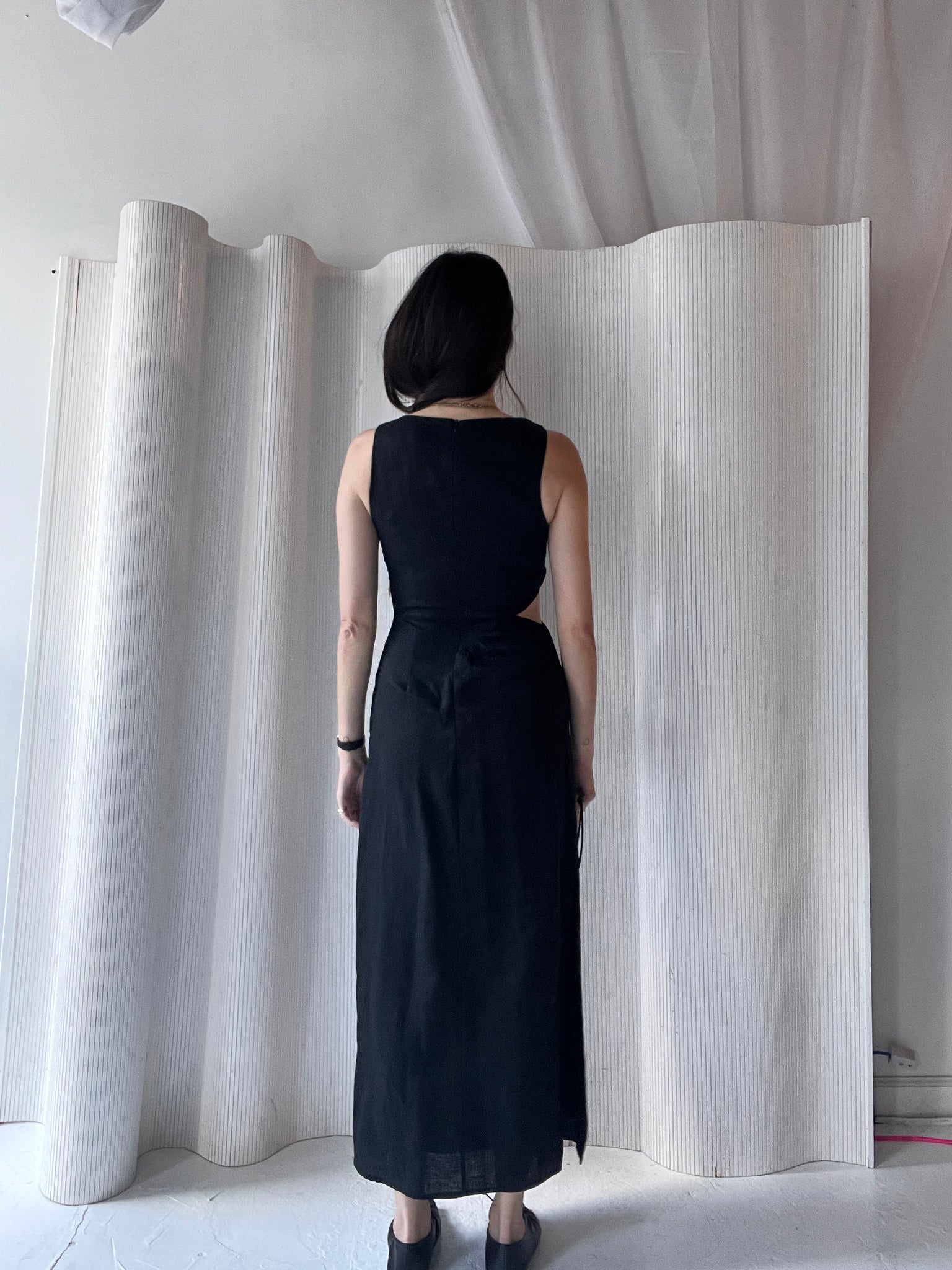 black linen side gather dress