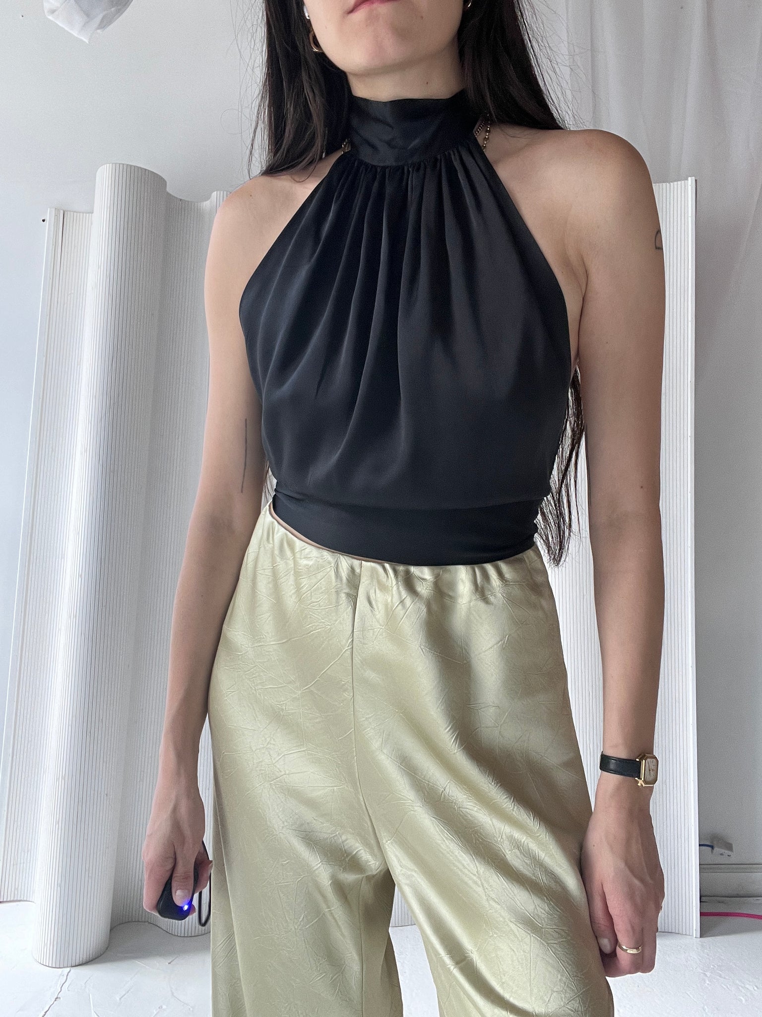 Harmur black silk backless halter top