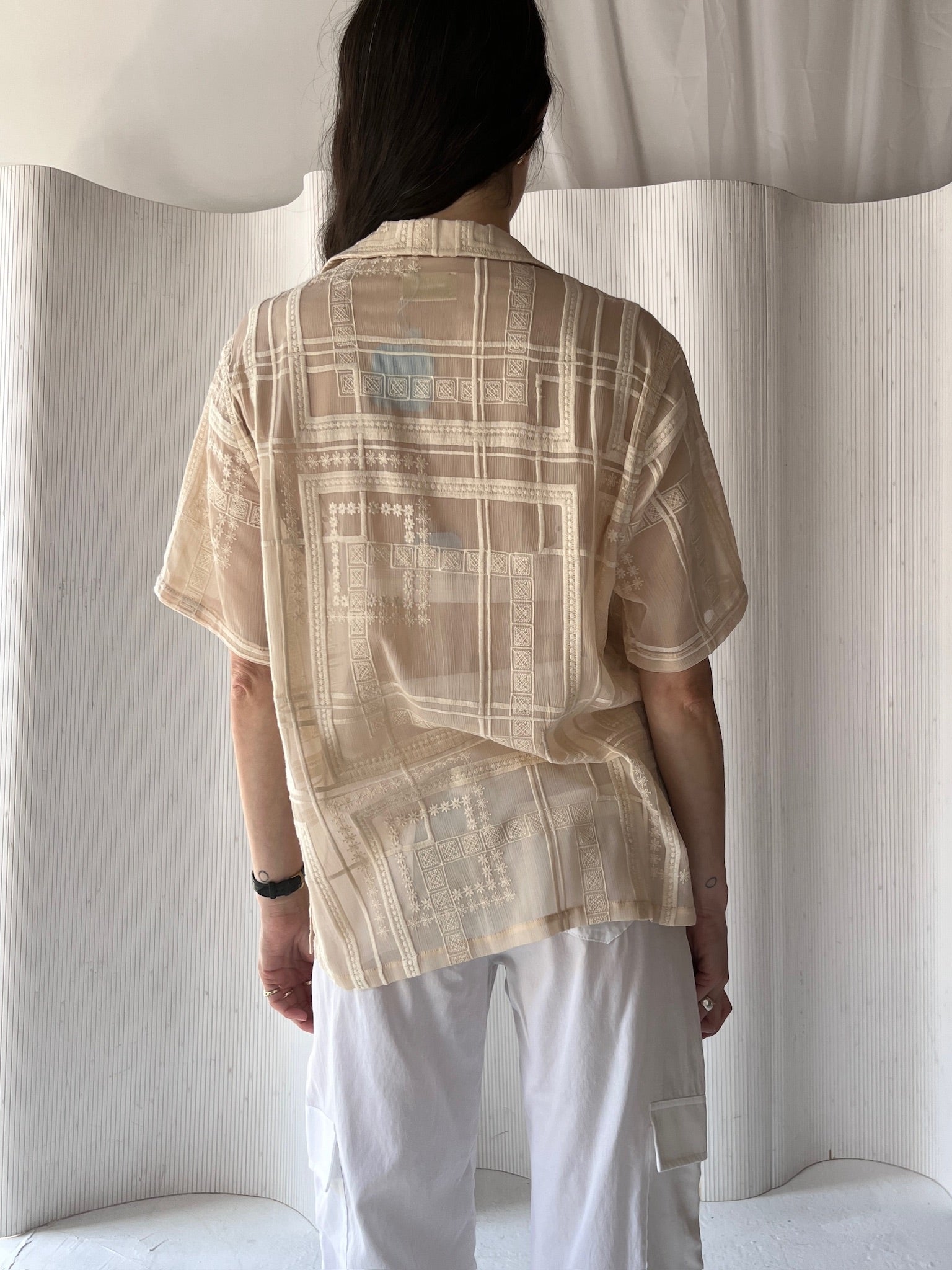 ALD beige sheer button down