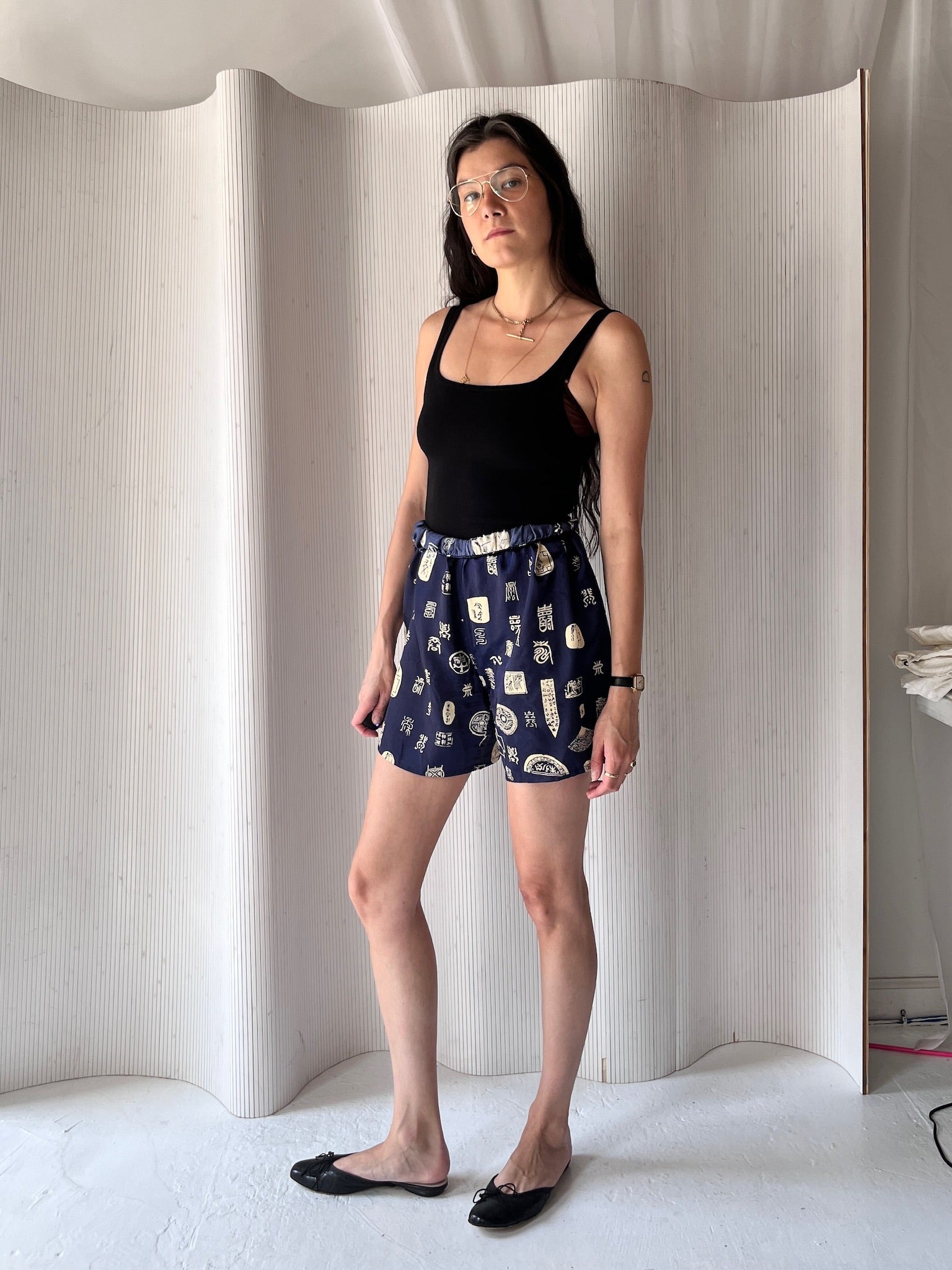 Navy silk patterned short