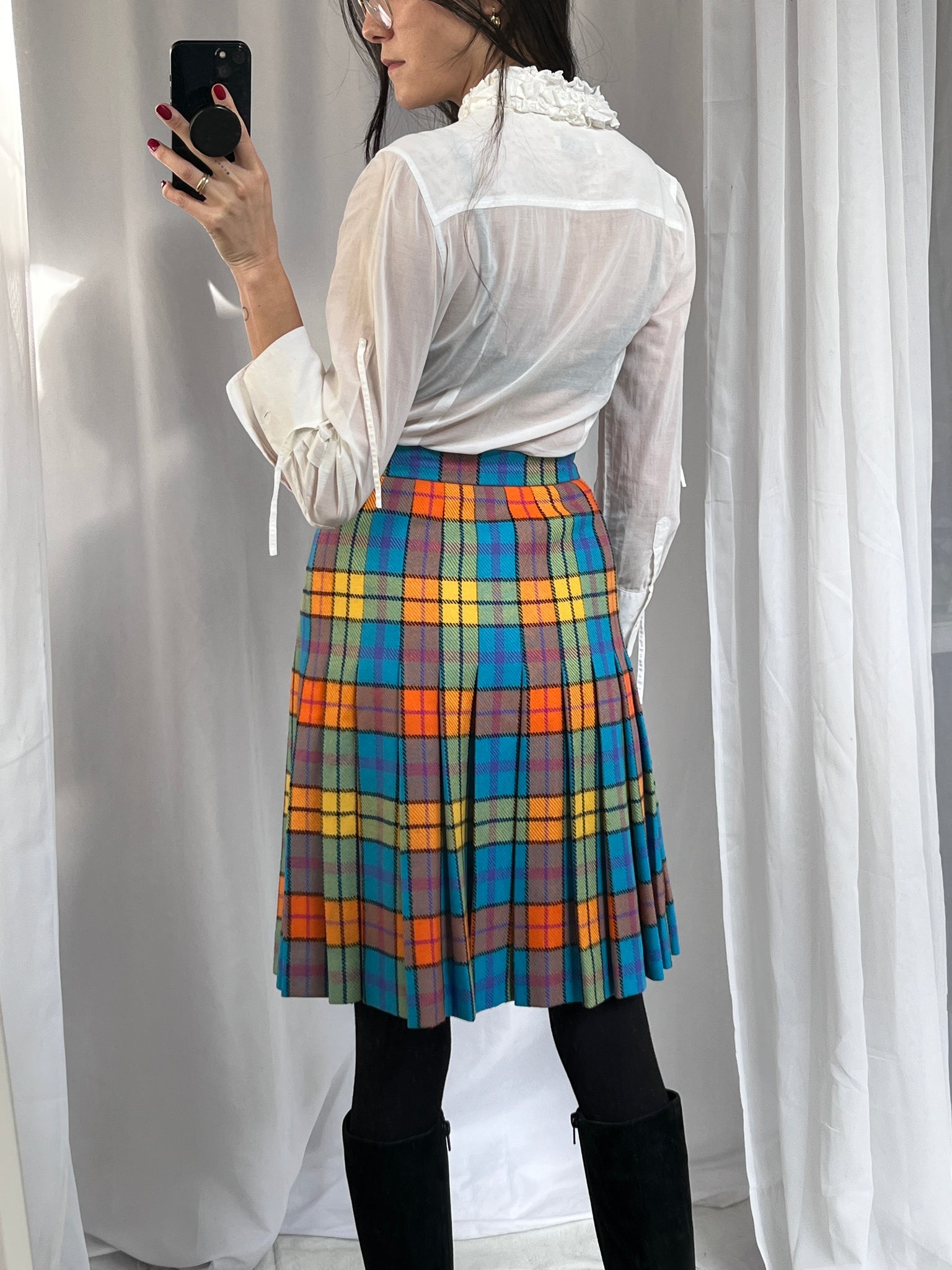 Escada Colorful Plaid Pleated Skirt