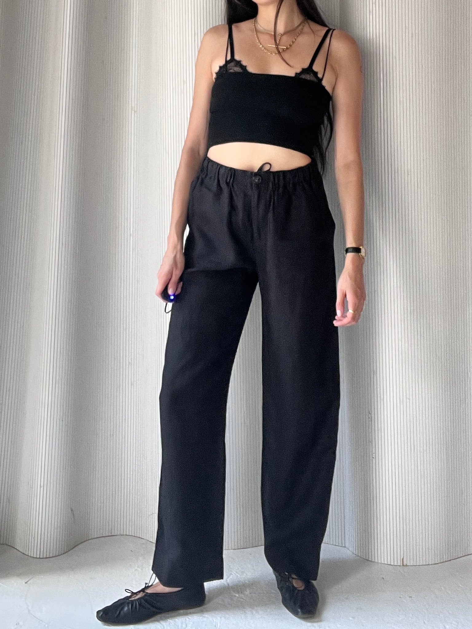 drawstring linen pant black