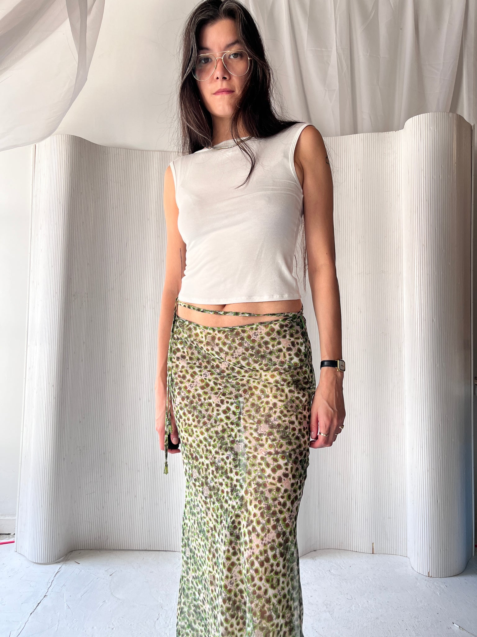 Siedres sheer green floral skirt