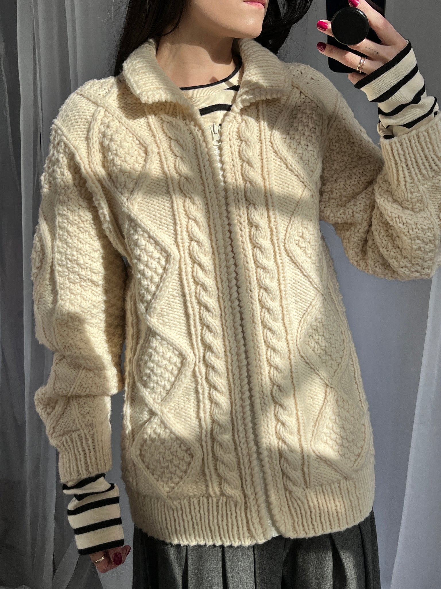 Vintage hand knit cable knit zip-up jacket