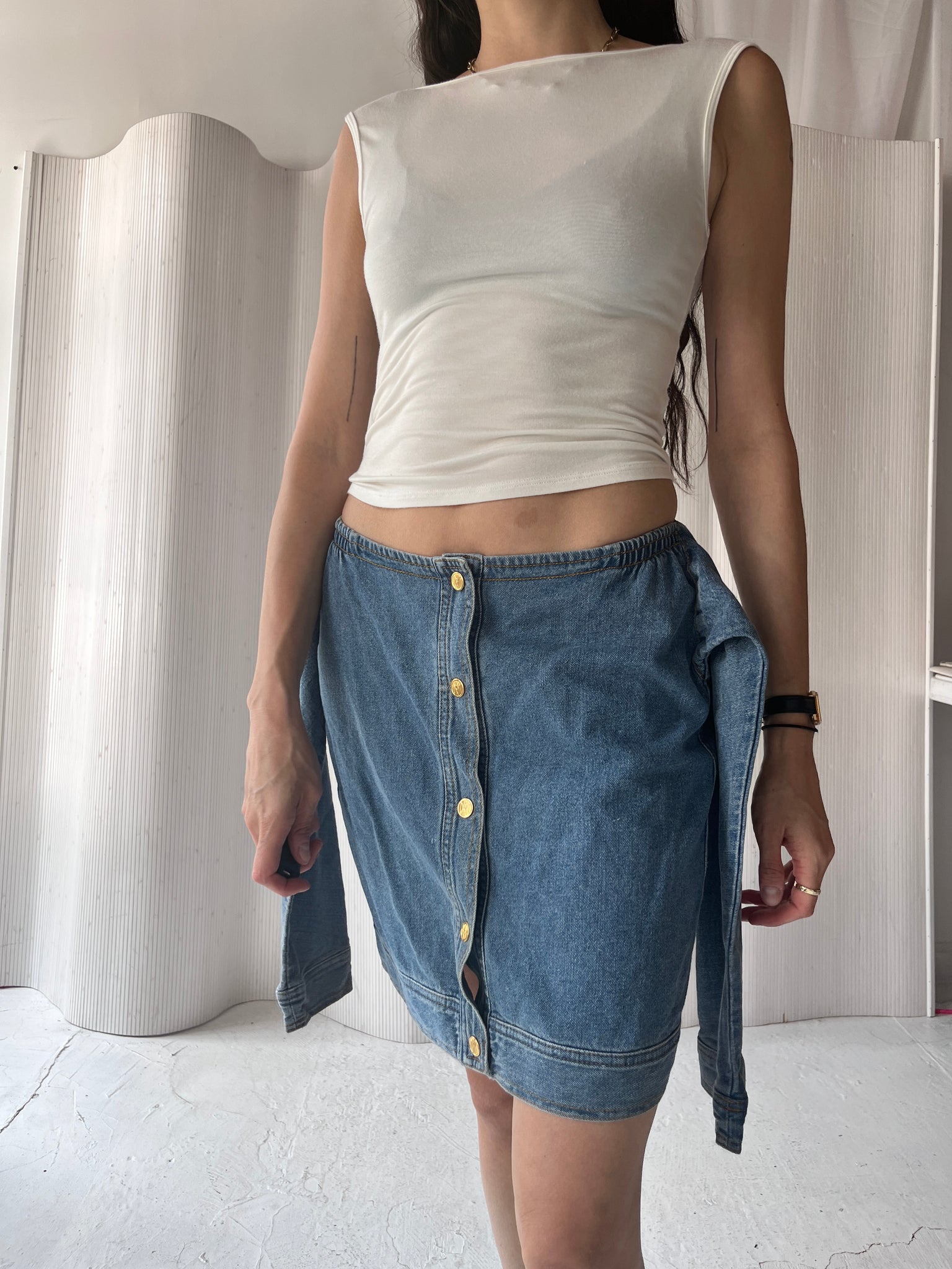 DKNY x Opening Ceremony denim tie skirt