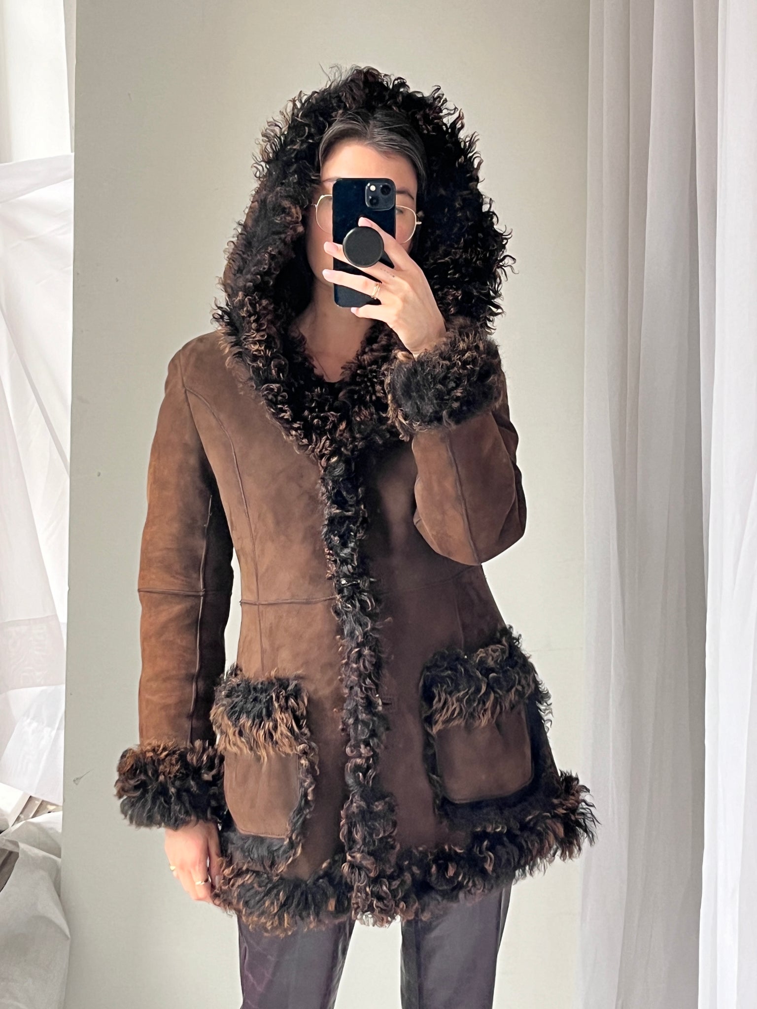 Espresso Curly Lamb Suede Coat (M)