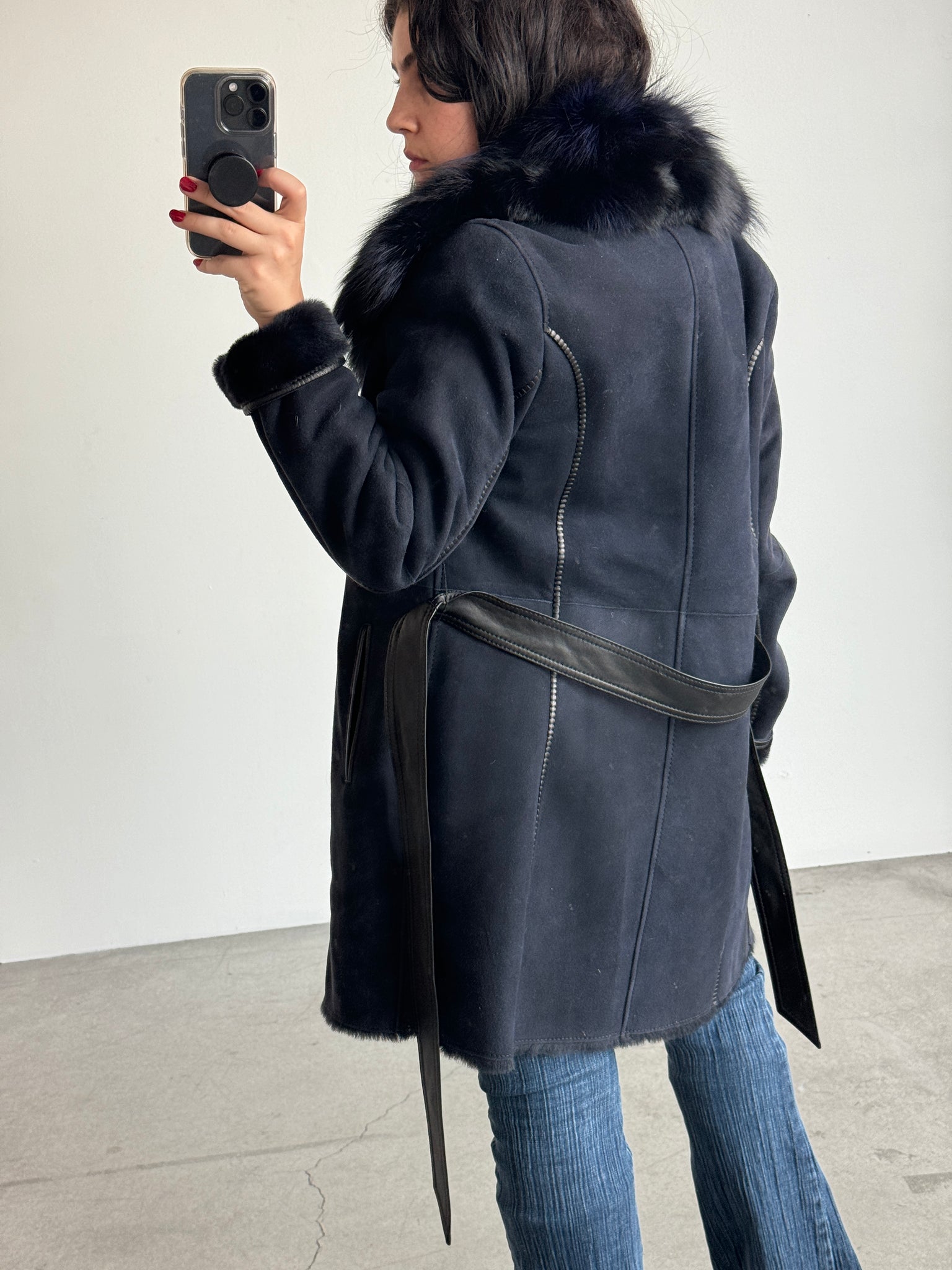 Navy Lambskin and Fox fur Coat