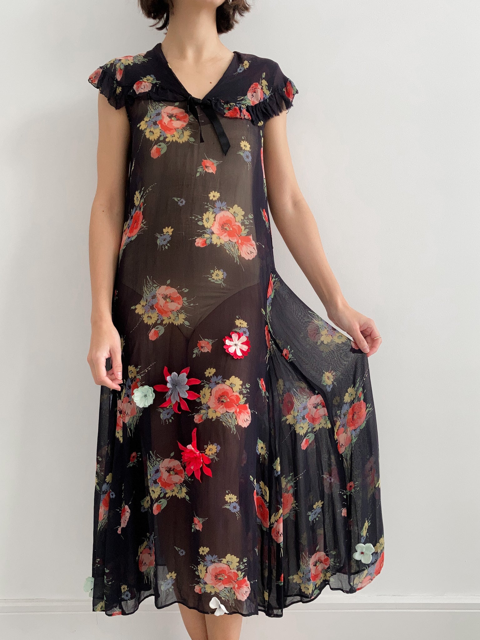 1930s Black Chiffon Floral Ruffled Dress