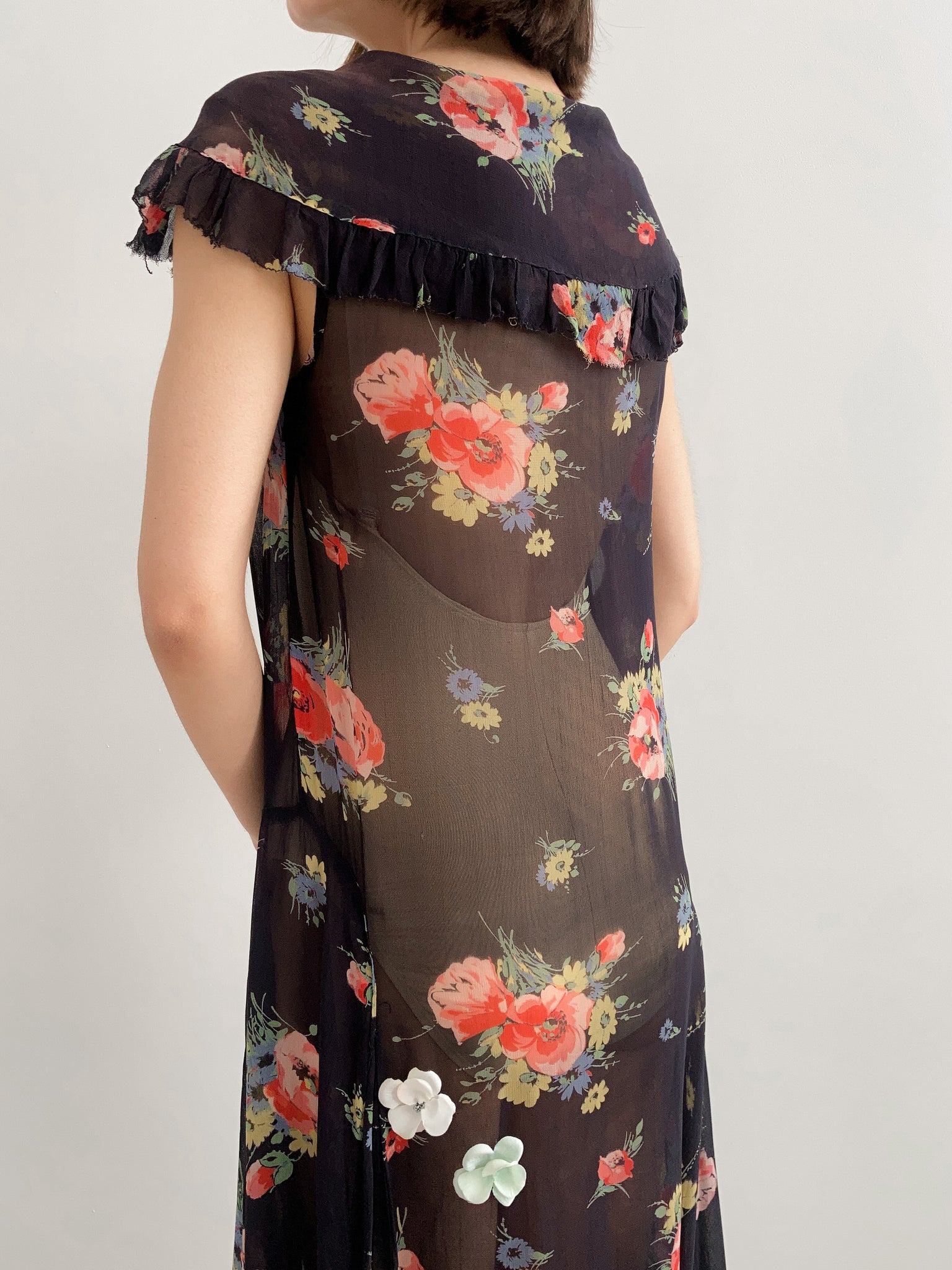 1930s Black Chiffon Floral Ruffled Dress