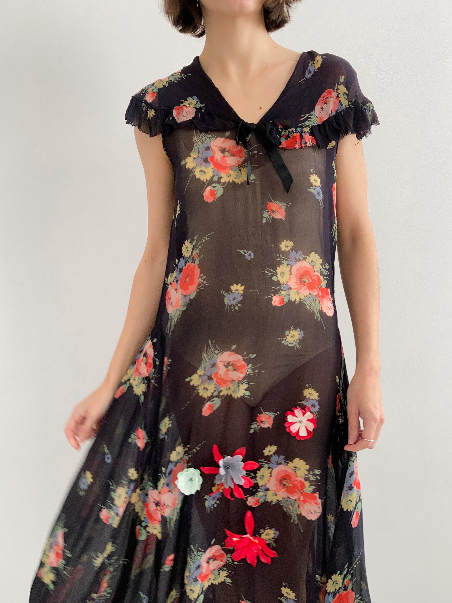 1930s Black Chiffon Floral Ruffled Dress