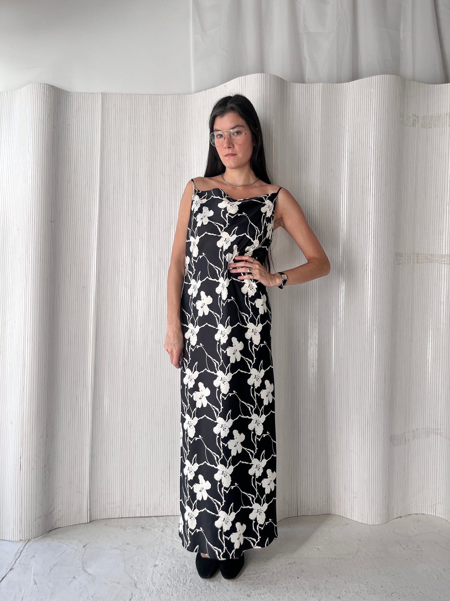 INC b&w satin floral slip dress