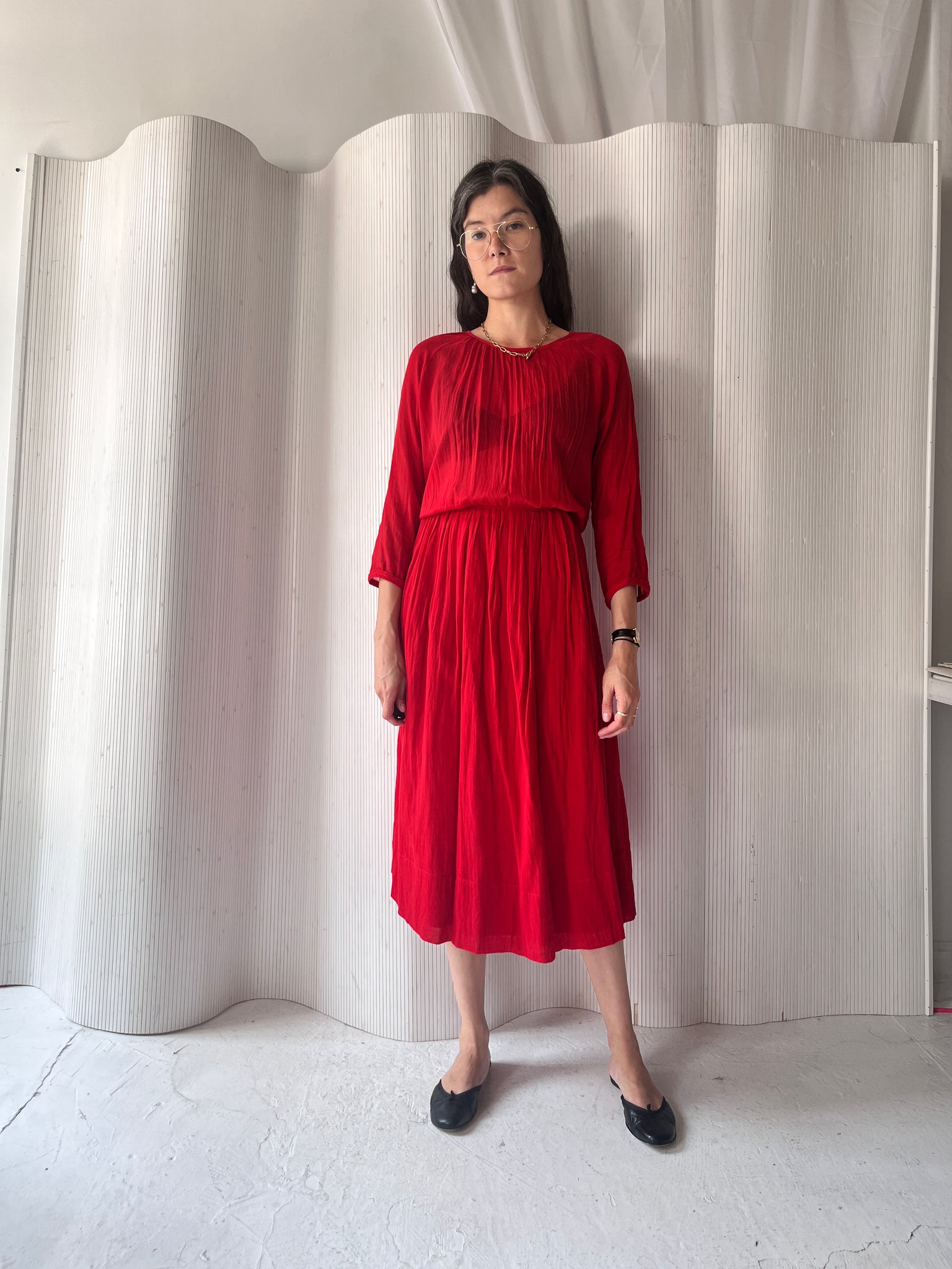 Red Sheer Blouson Dress