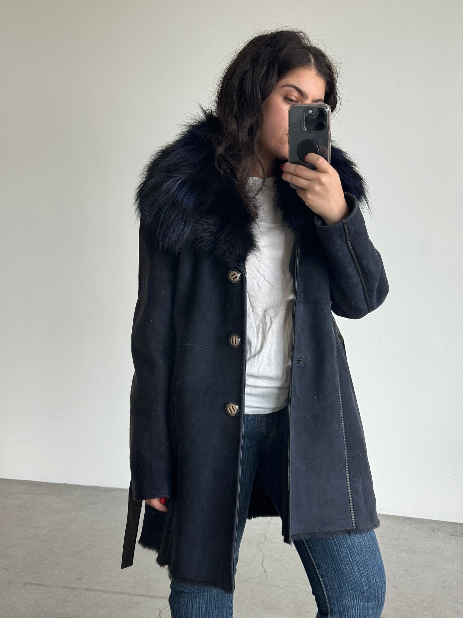 Navy Lambskin and Fox fur Coat