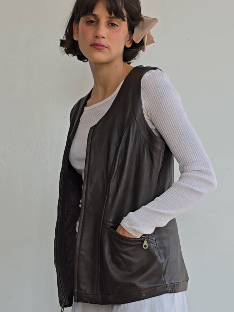 Cocoa Leather Zip Vest