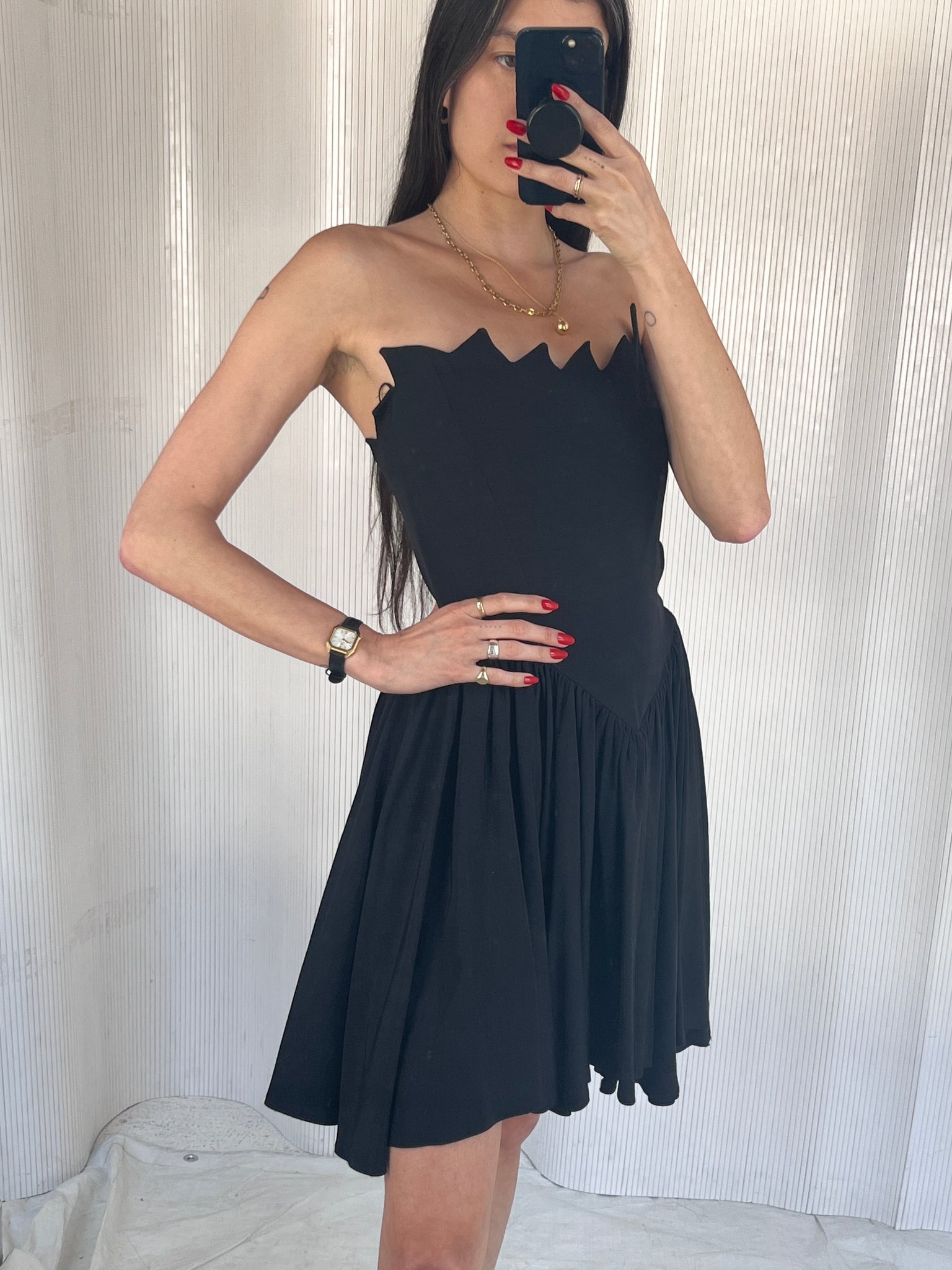 vintage 1980s zig zag neckline strapless cocktail dress