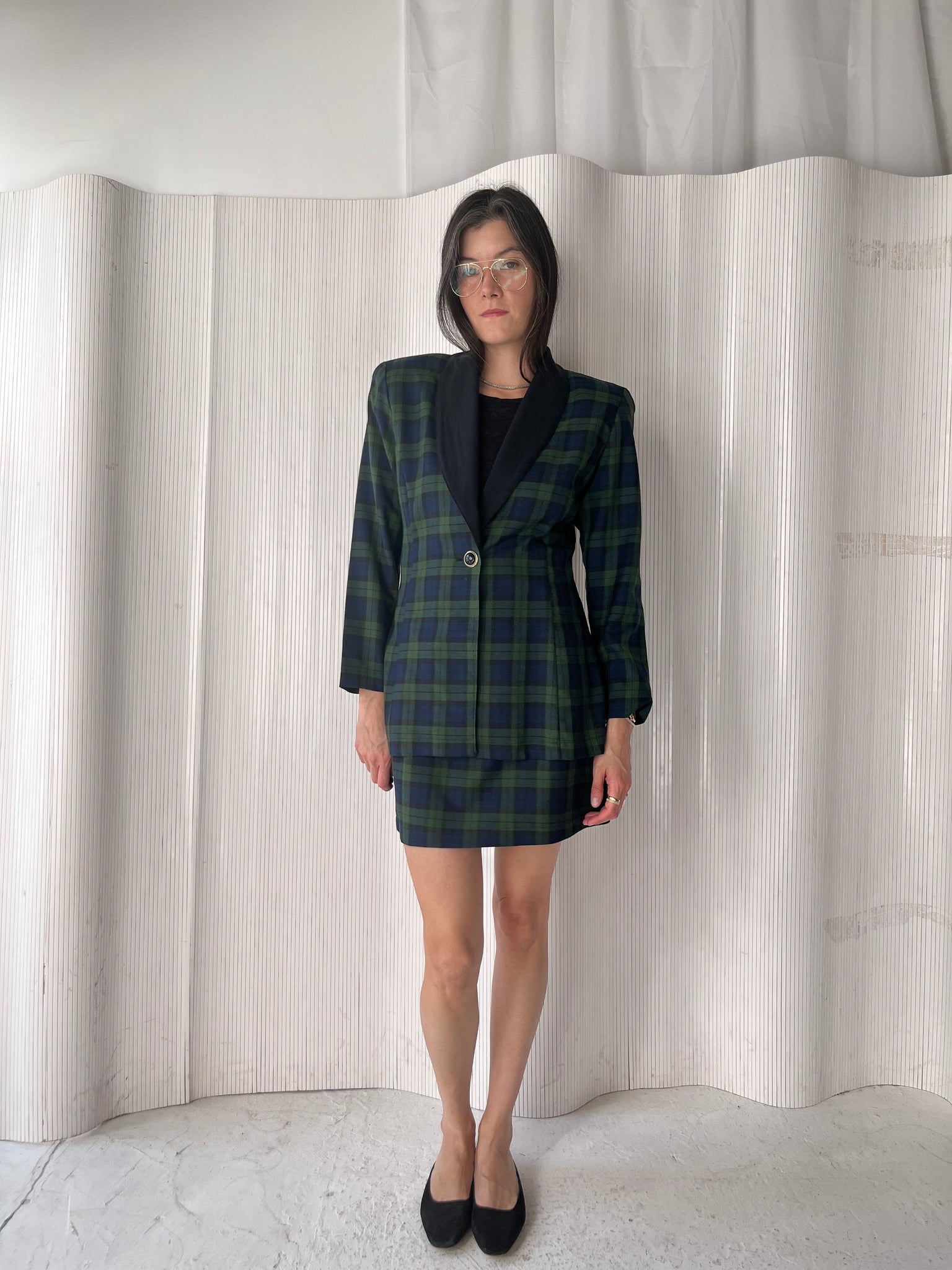 Green & navy plaid skirt suit