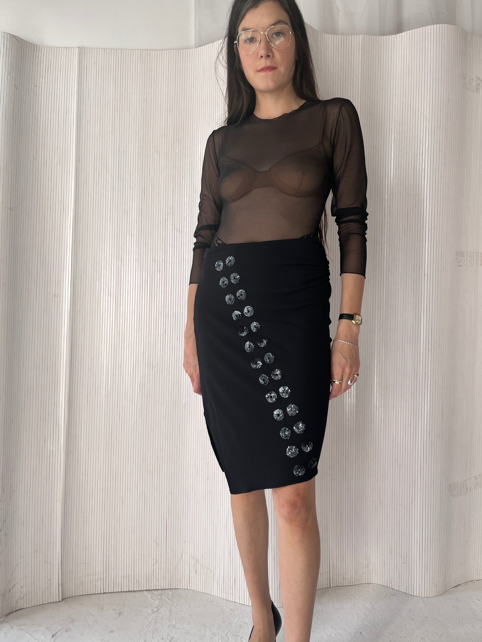 Vivienne Tam black cut-out sequin skirt