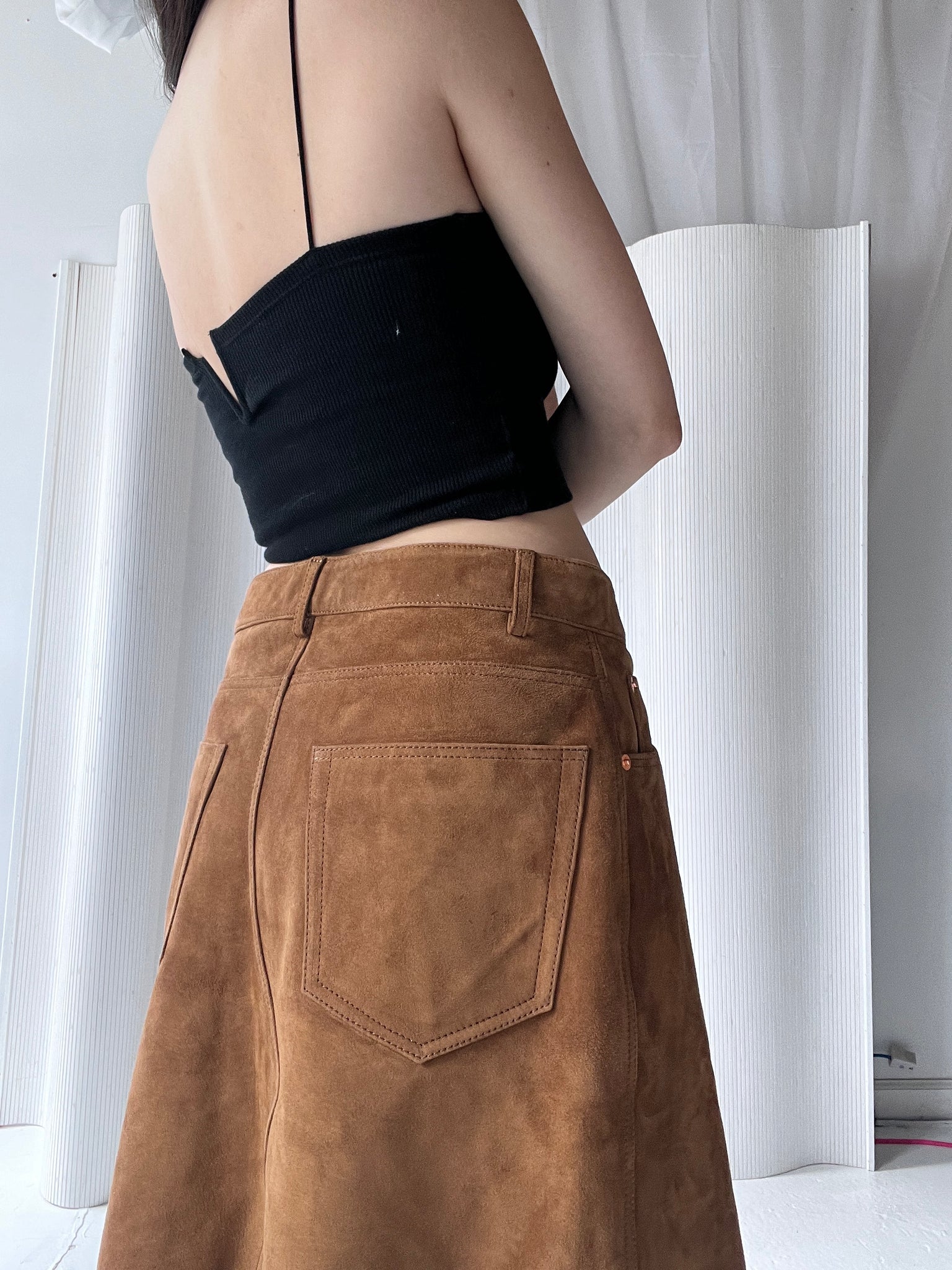 suede brown midi skirt