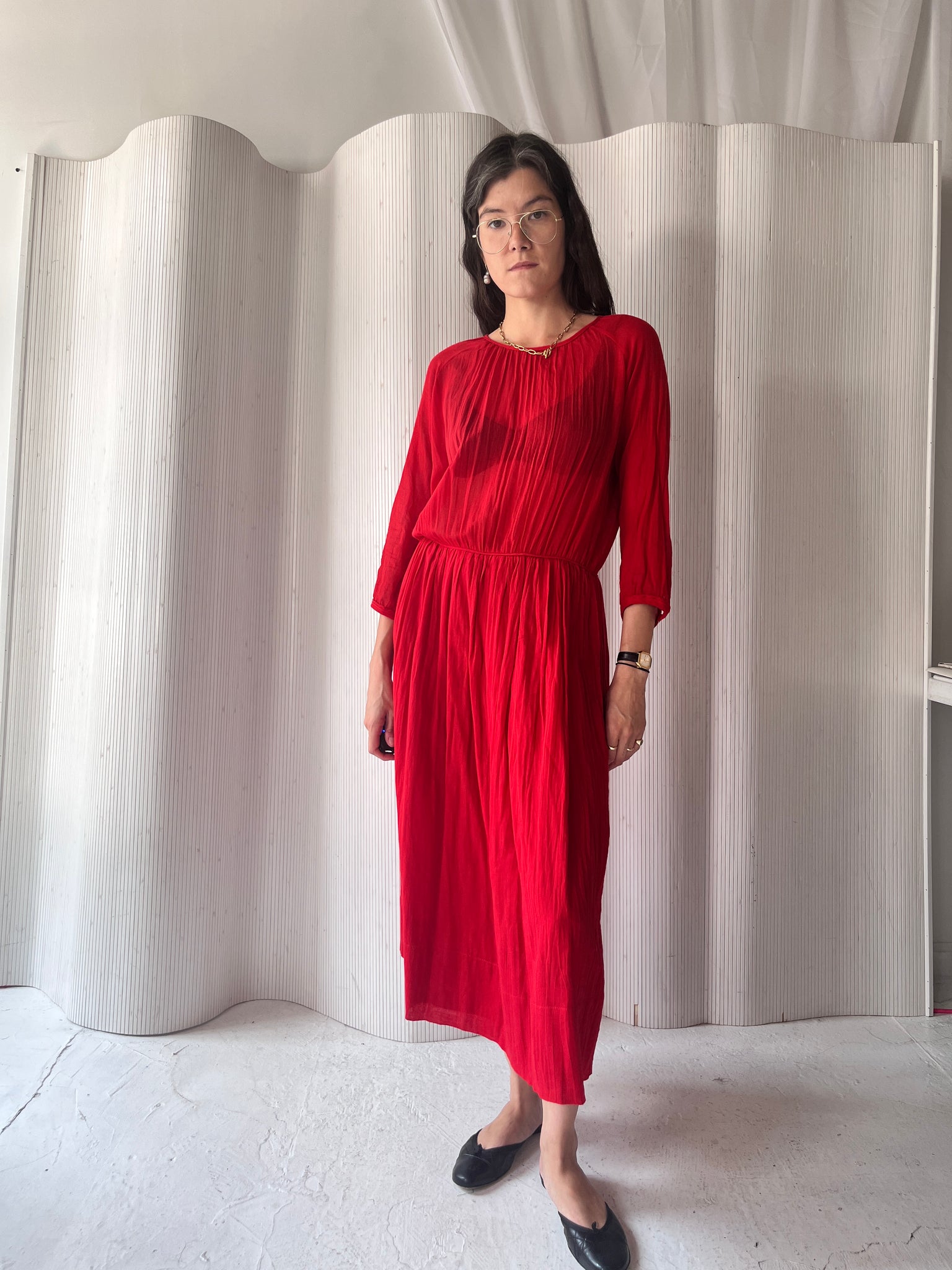 Red Sheer Blouson Dress