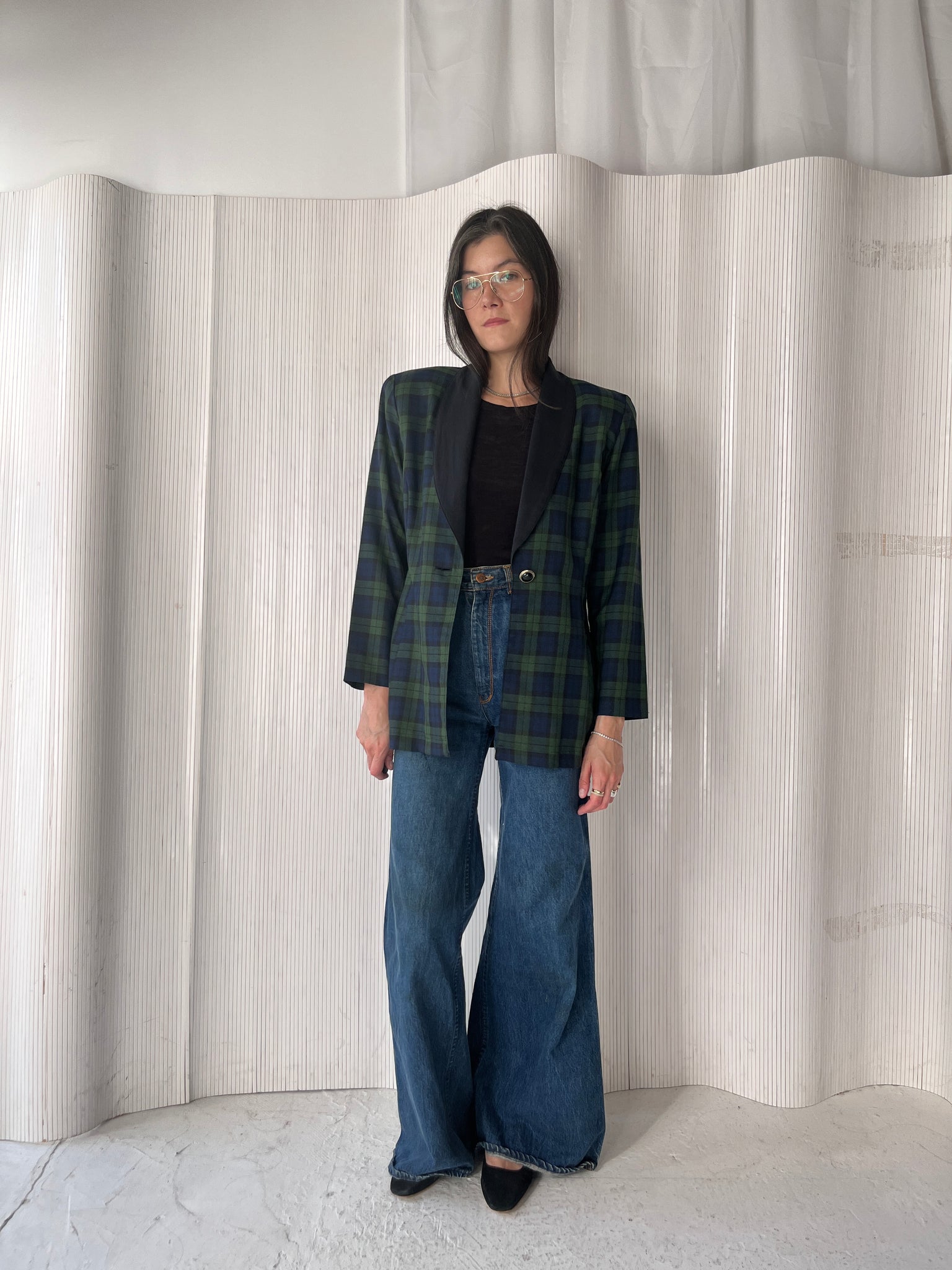 Green & navy plaid skirt suit