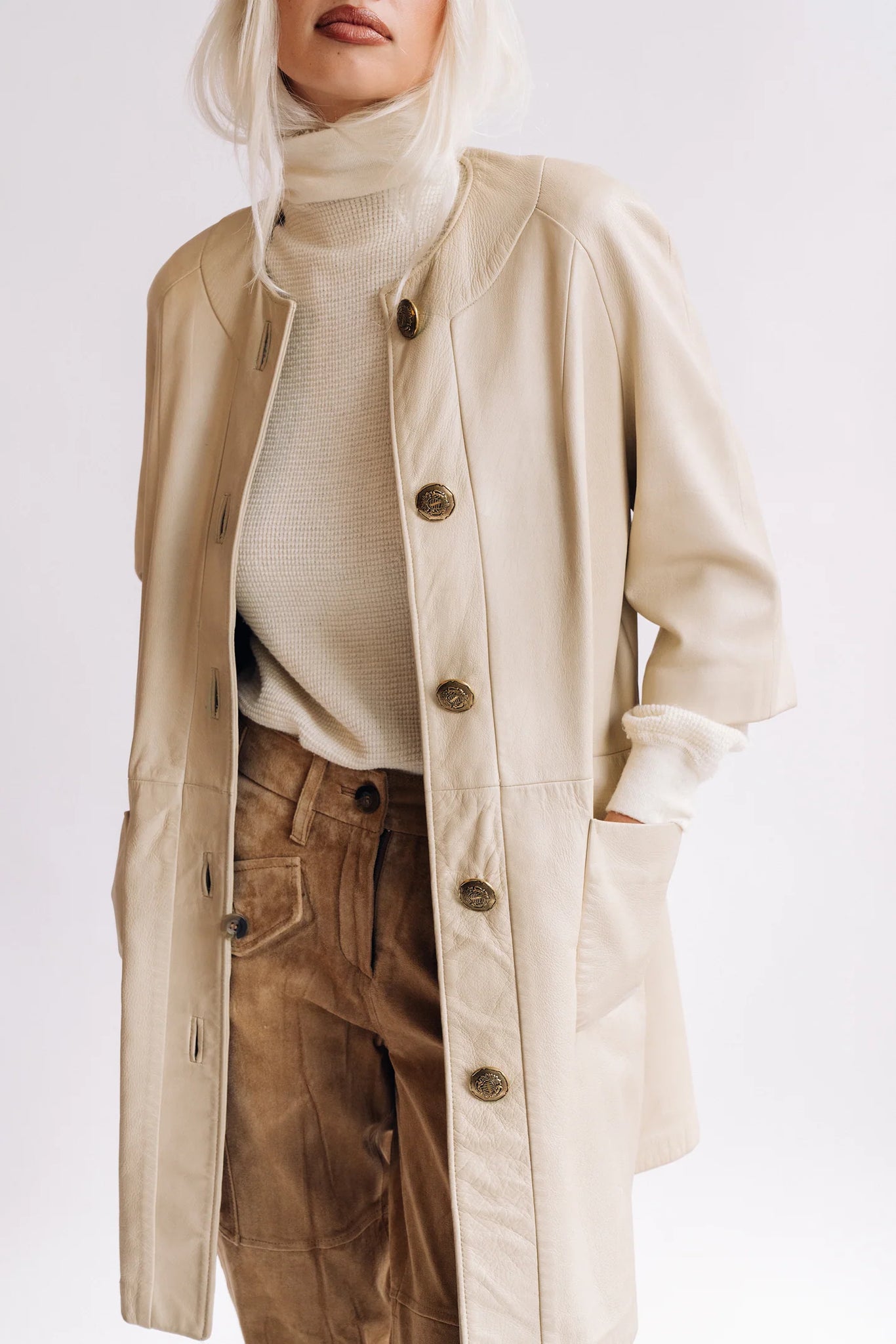 Cream leather car coat