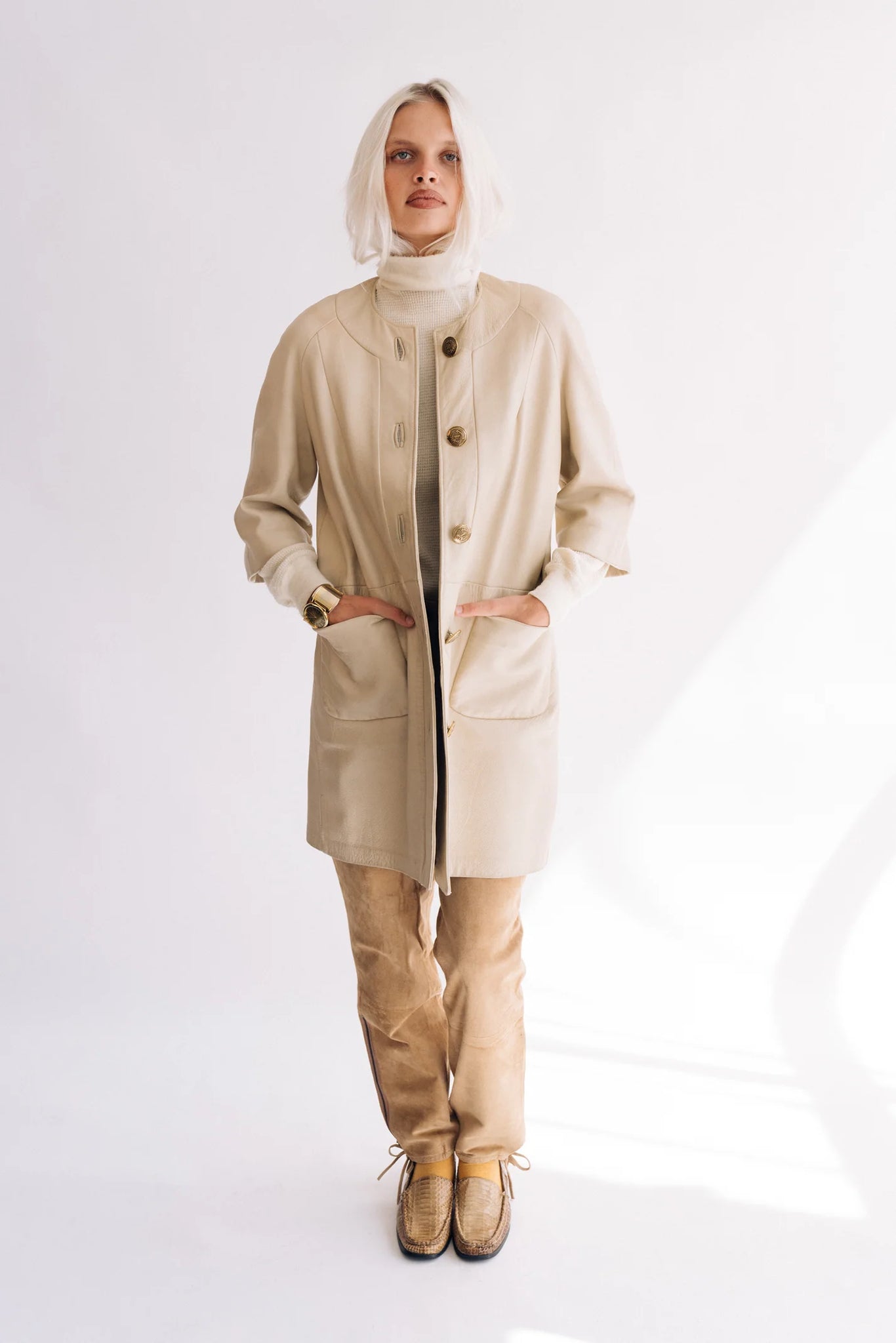 Cream leather car coat