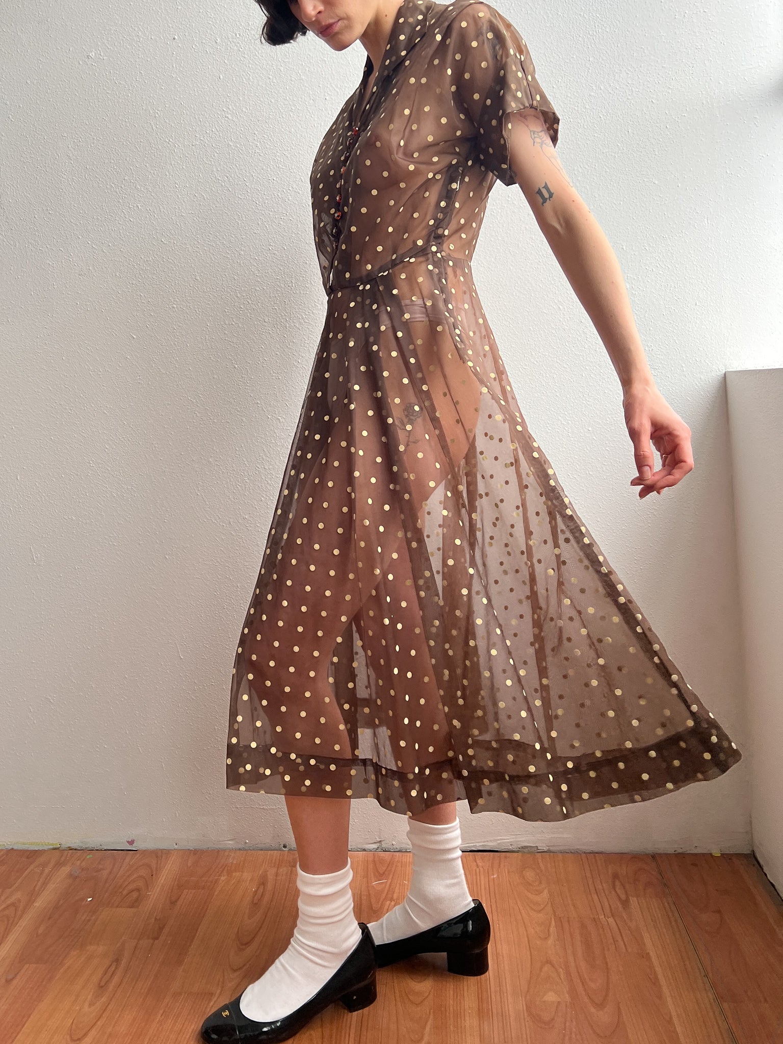 Sheer Cocoa Dotted Dress