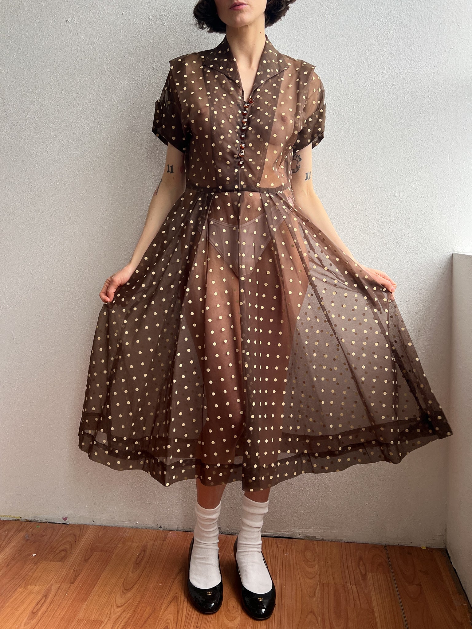 Sheer Cocoa Dotted Dress