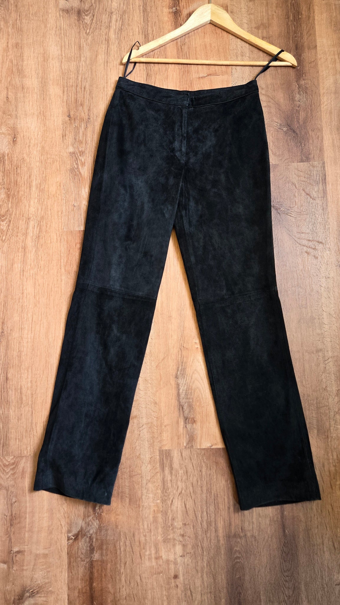 Black suede low rise pants