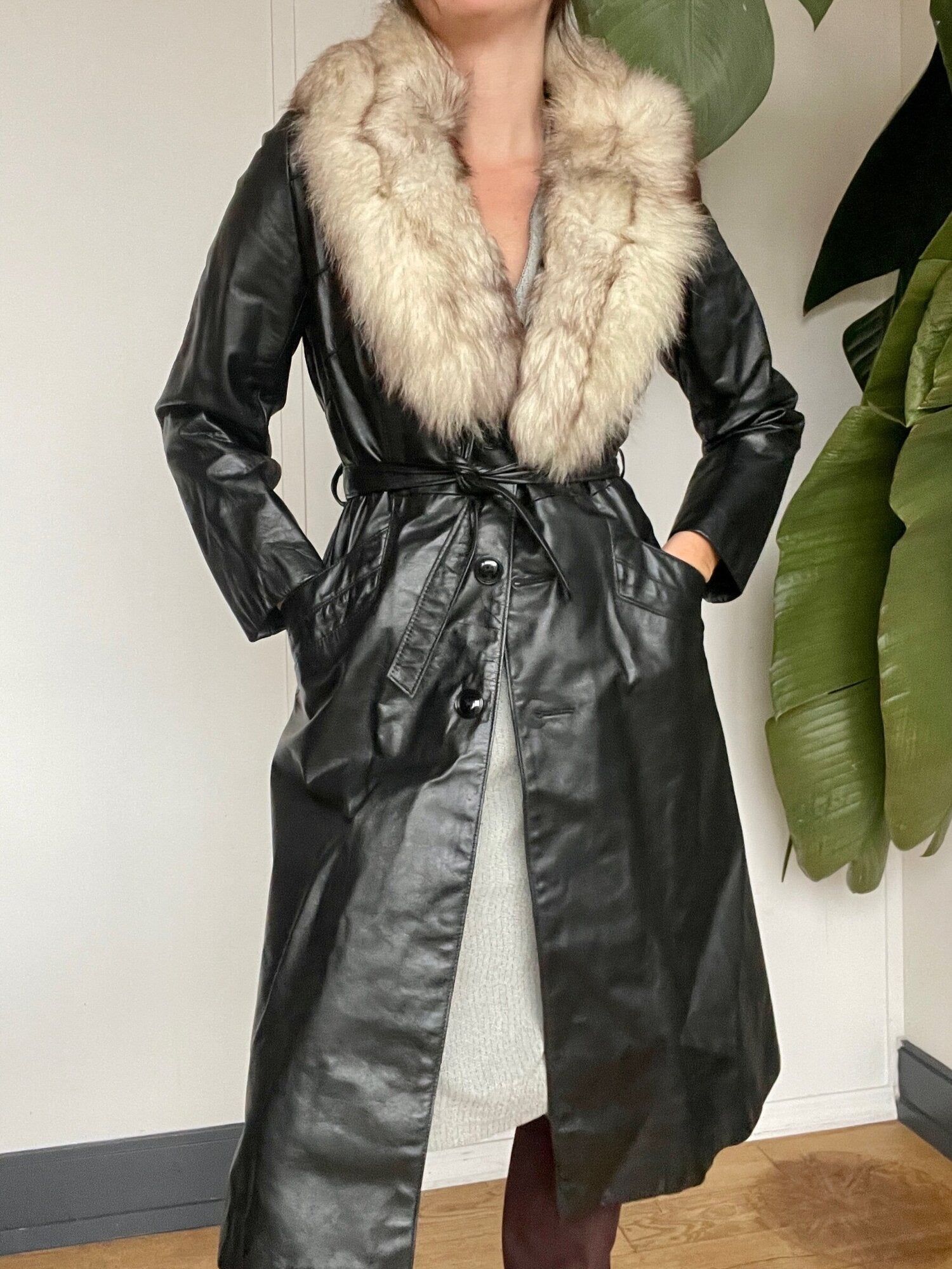 Vintage Fur Collared Leather Trench