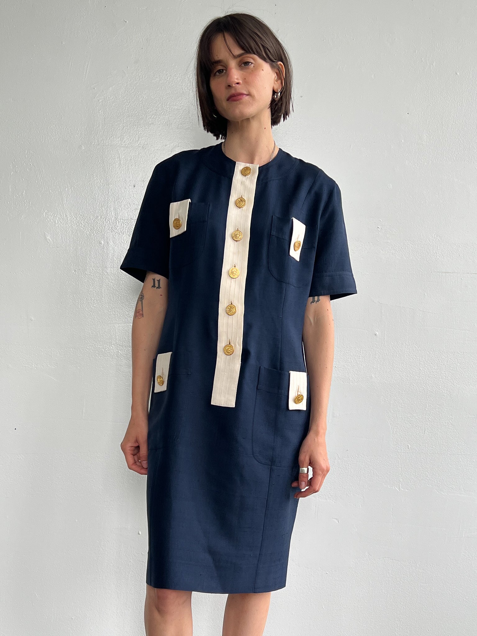 Celine Navy Silk Shirtdress