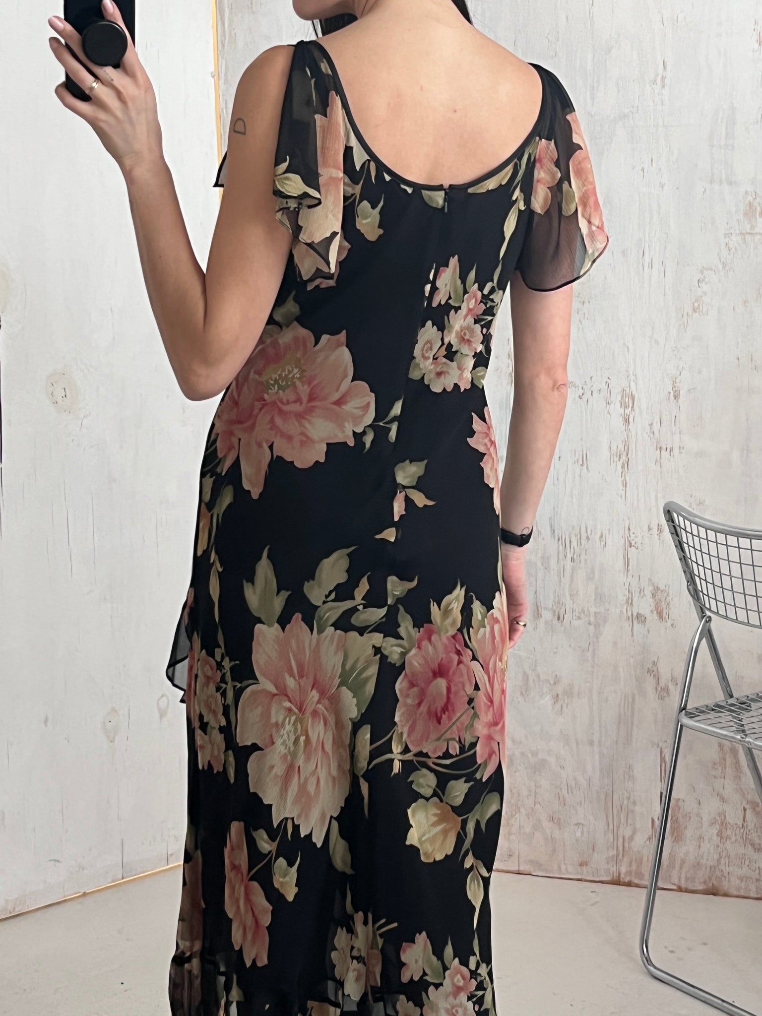 RL silk floral tiered flutter sleeve gown