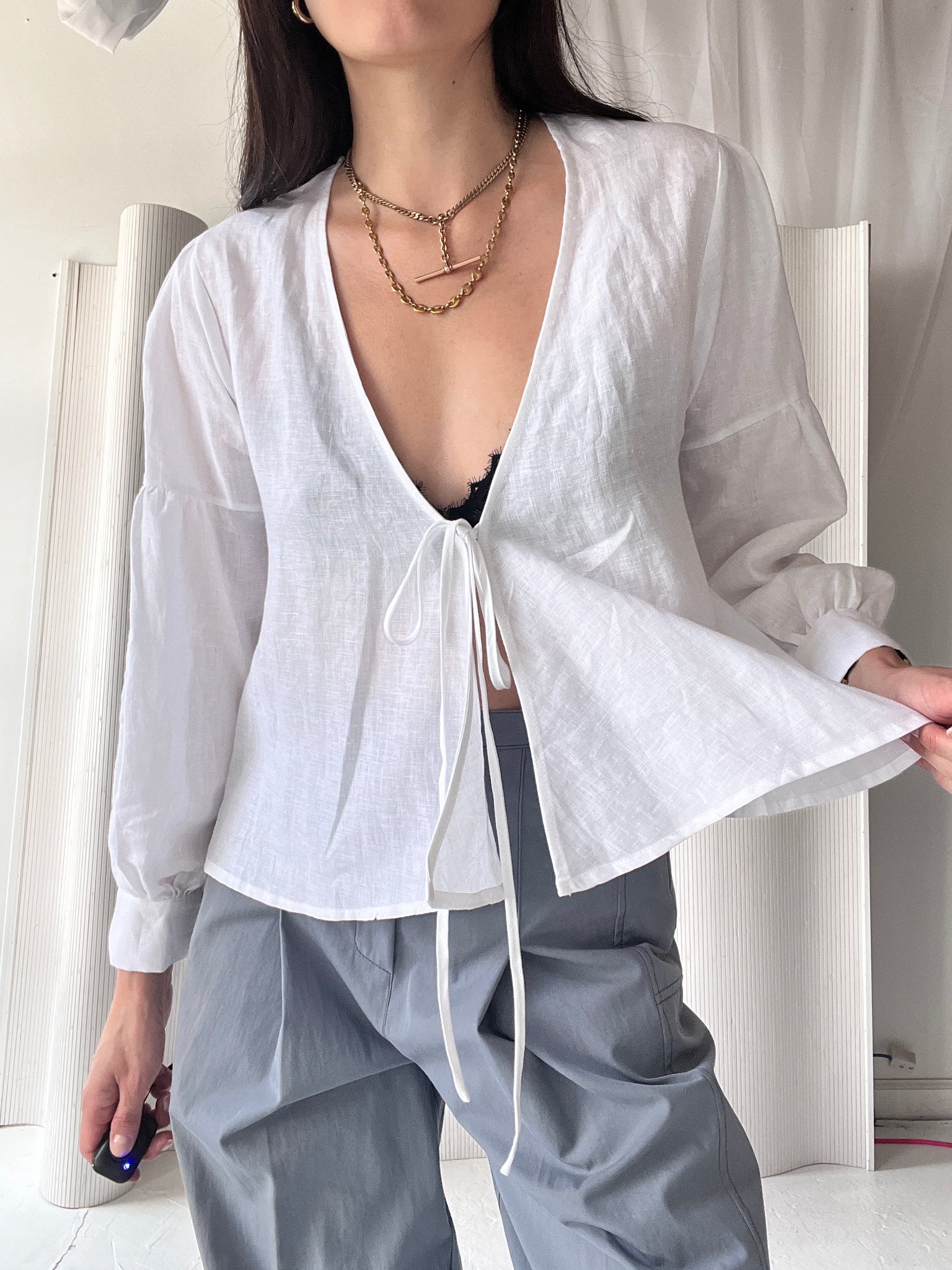 white tie front linen blouse