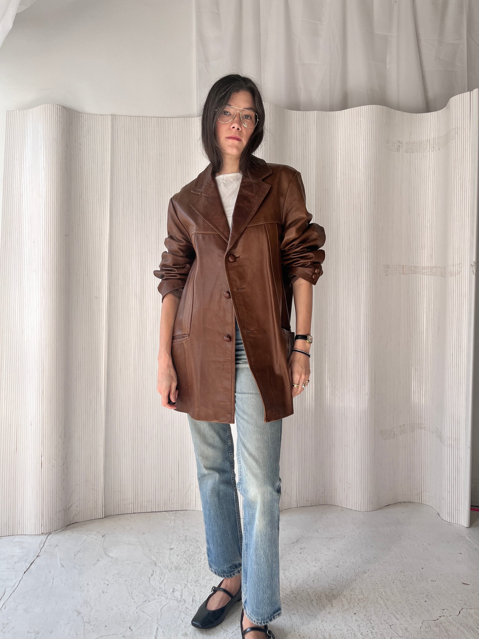 Augusto Gonzalez brown long-line leather jacket