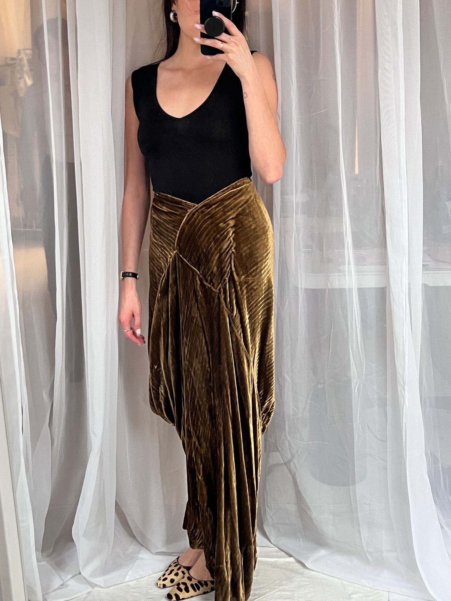 Handmade sculptural crushed velvet maxi skirt