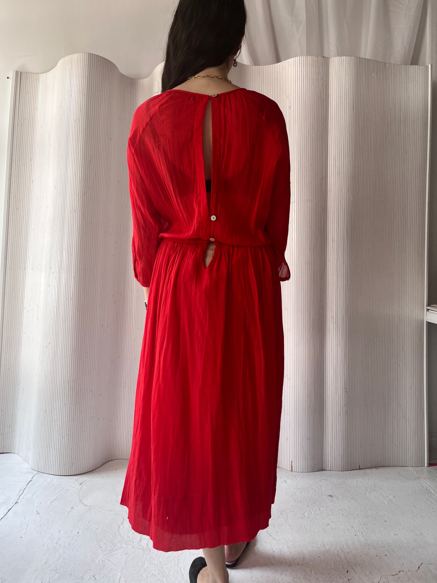 Red Sheer Blouson Dress