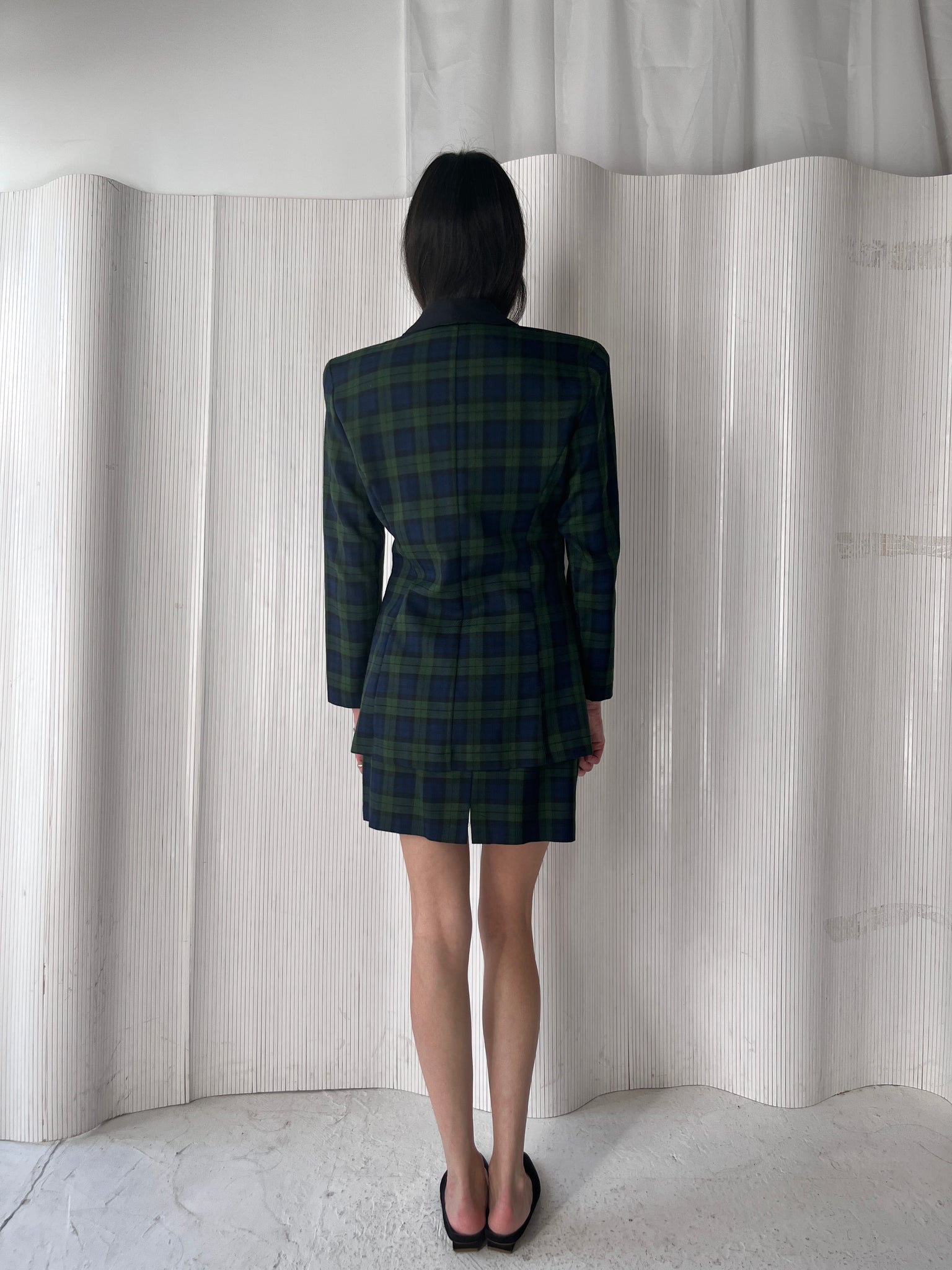 Green & navy plaid skirt suit