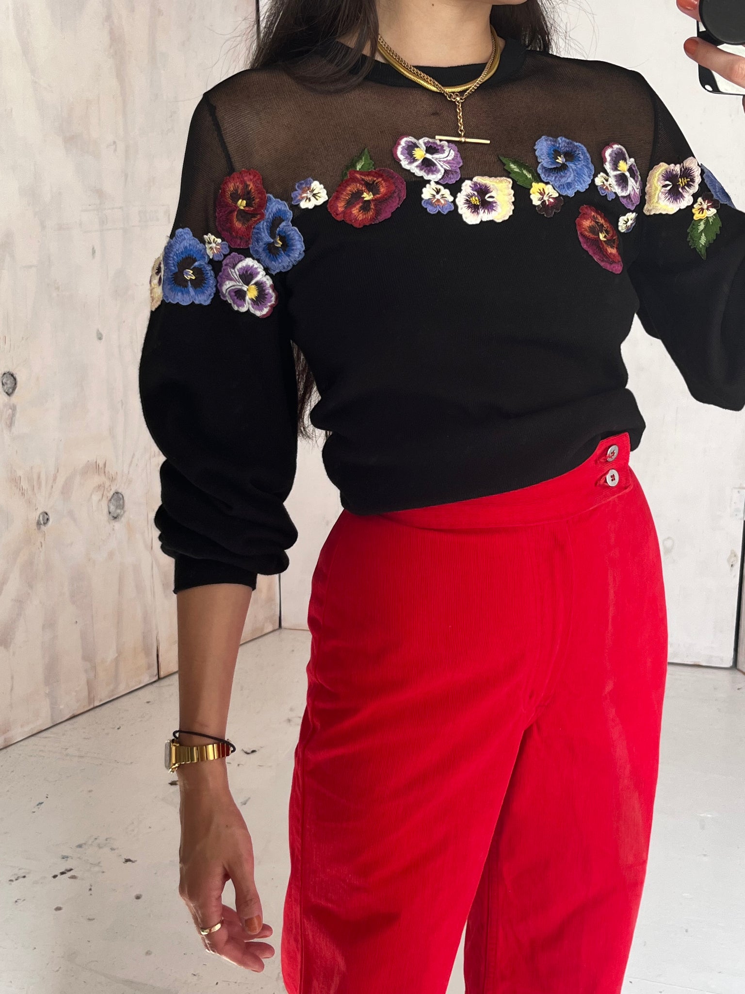 Oscar de la Renta Floral Detail Poet Sleeve Sweater