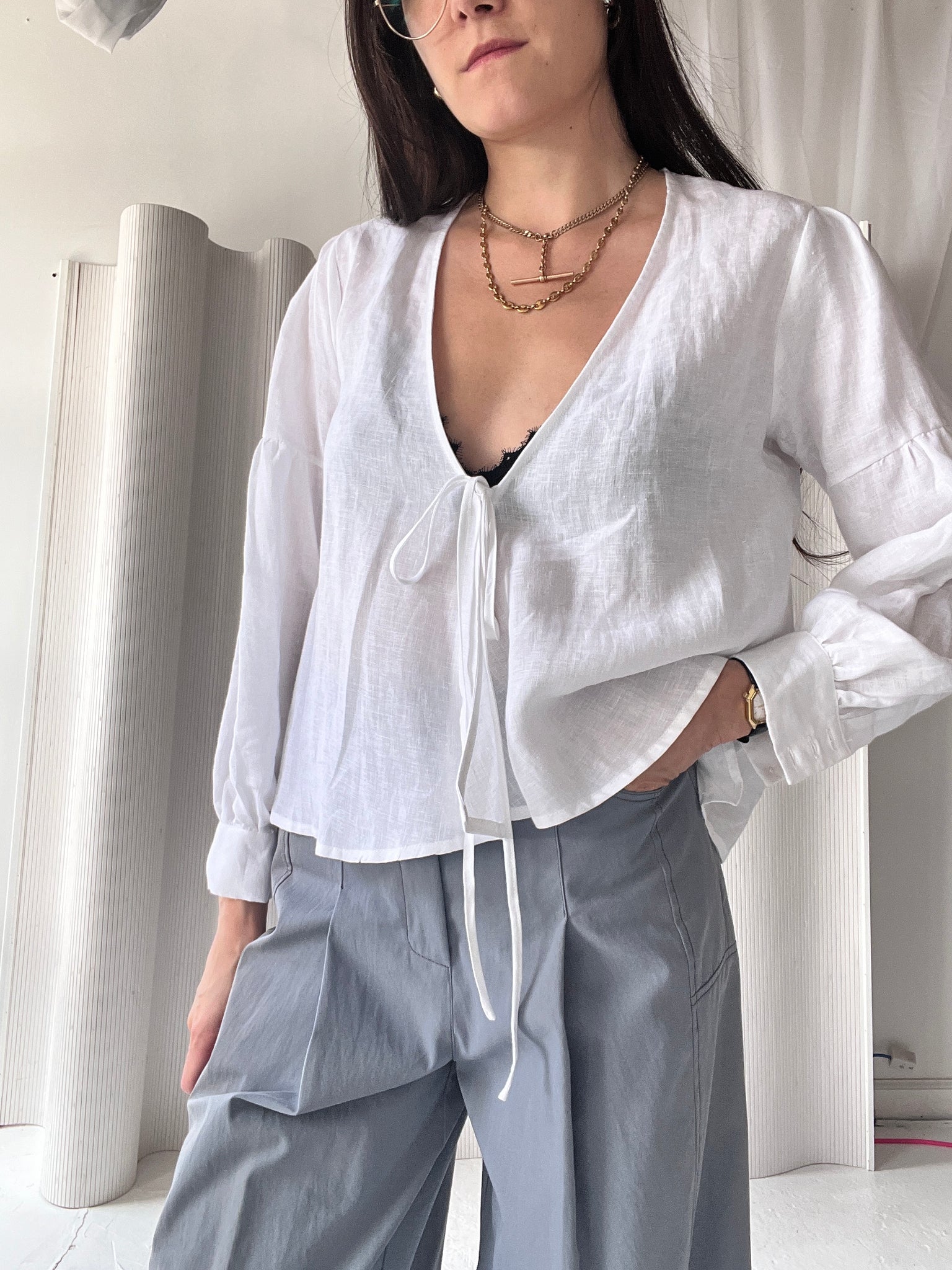 white tie front linen blouse