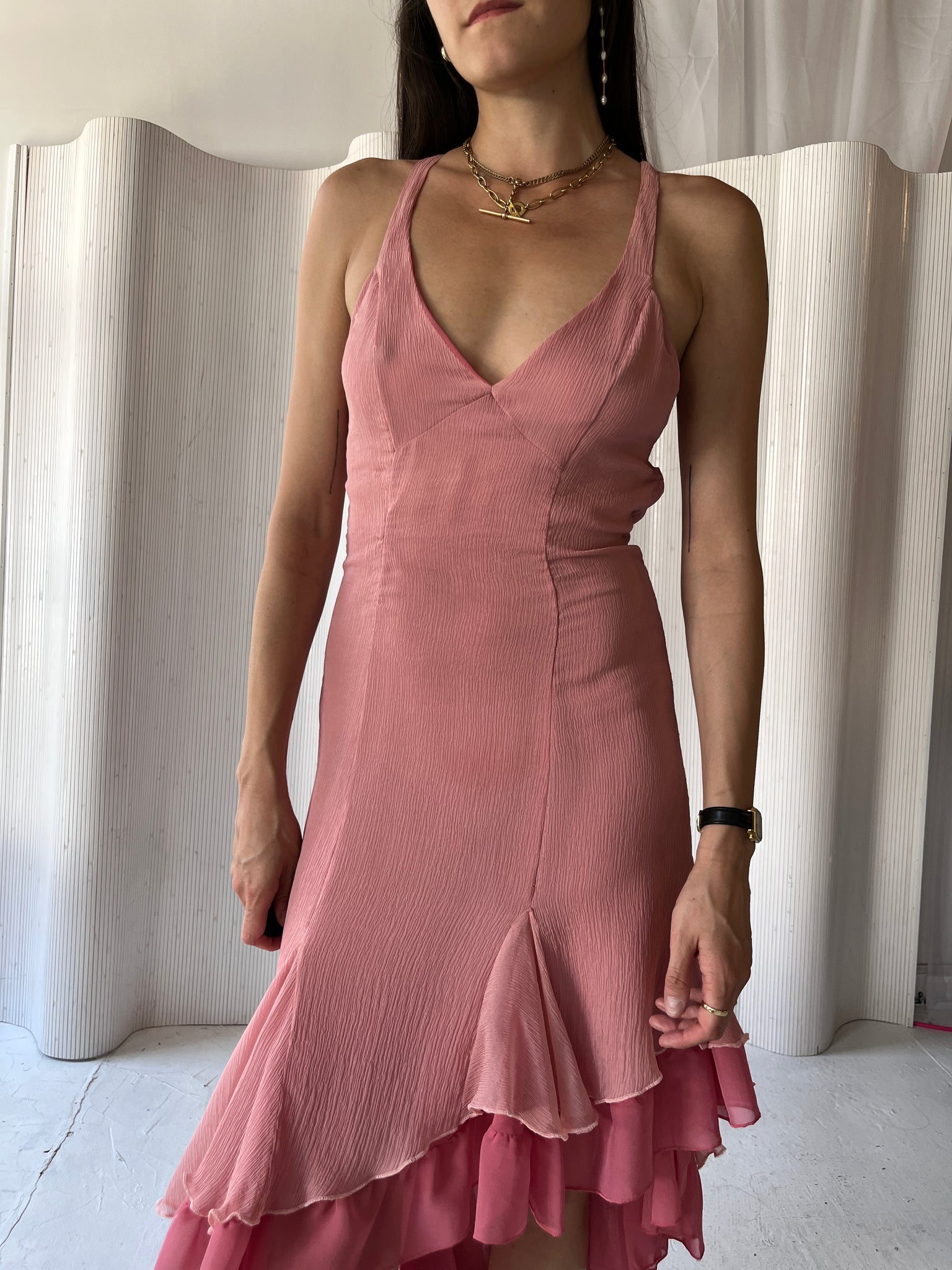 2000s Pink Silk Backless Dress