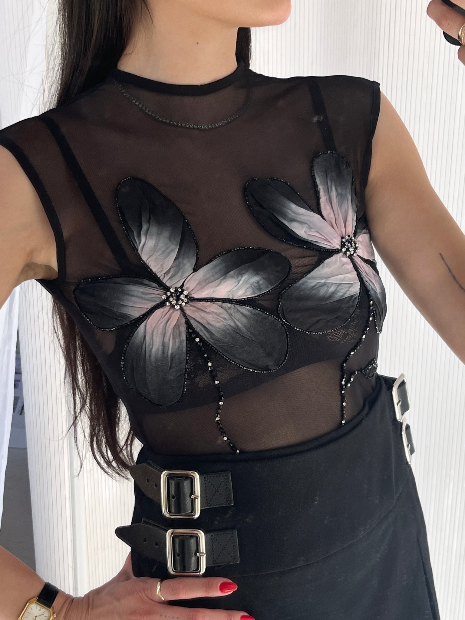 Floral applique mesh top