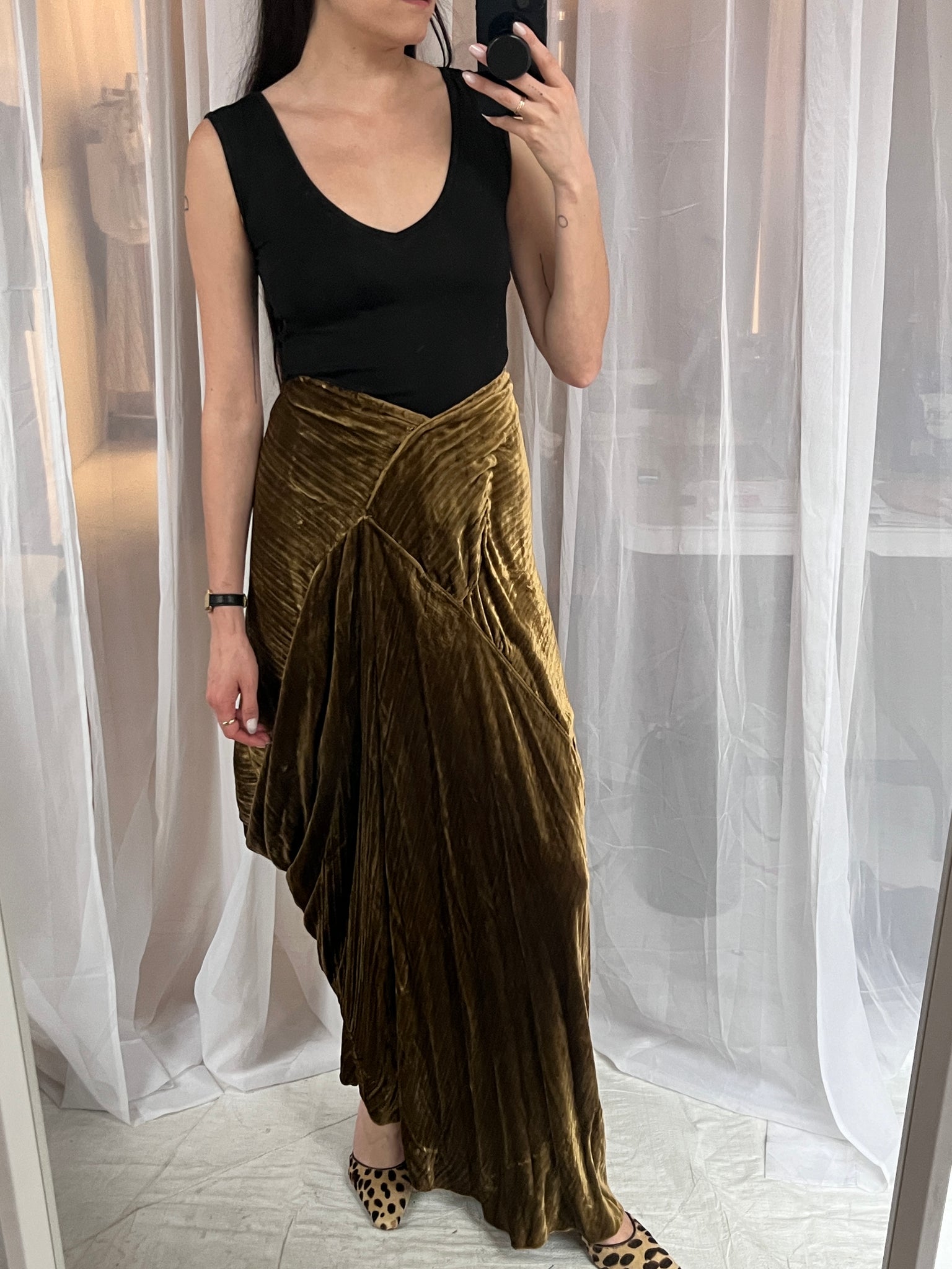 Handmade sculptural crushed velvet maxi skirt