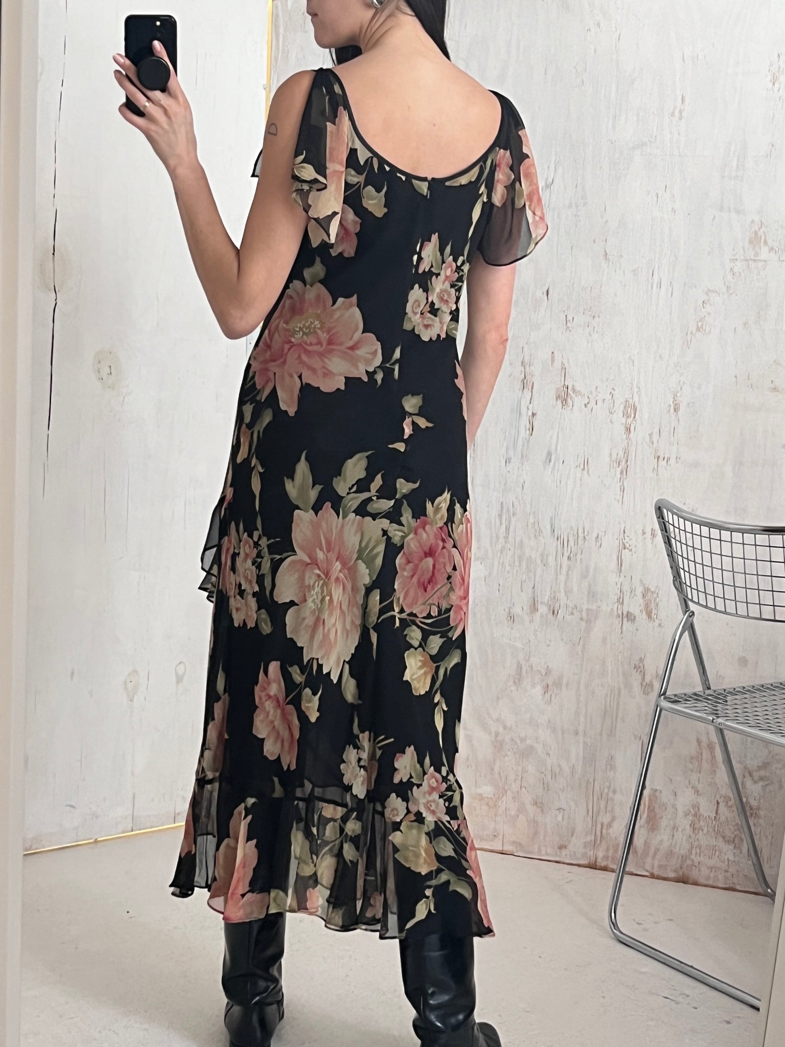 RL silk floral tiered flutter sleeve gown