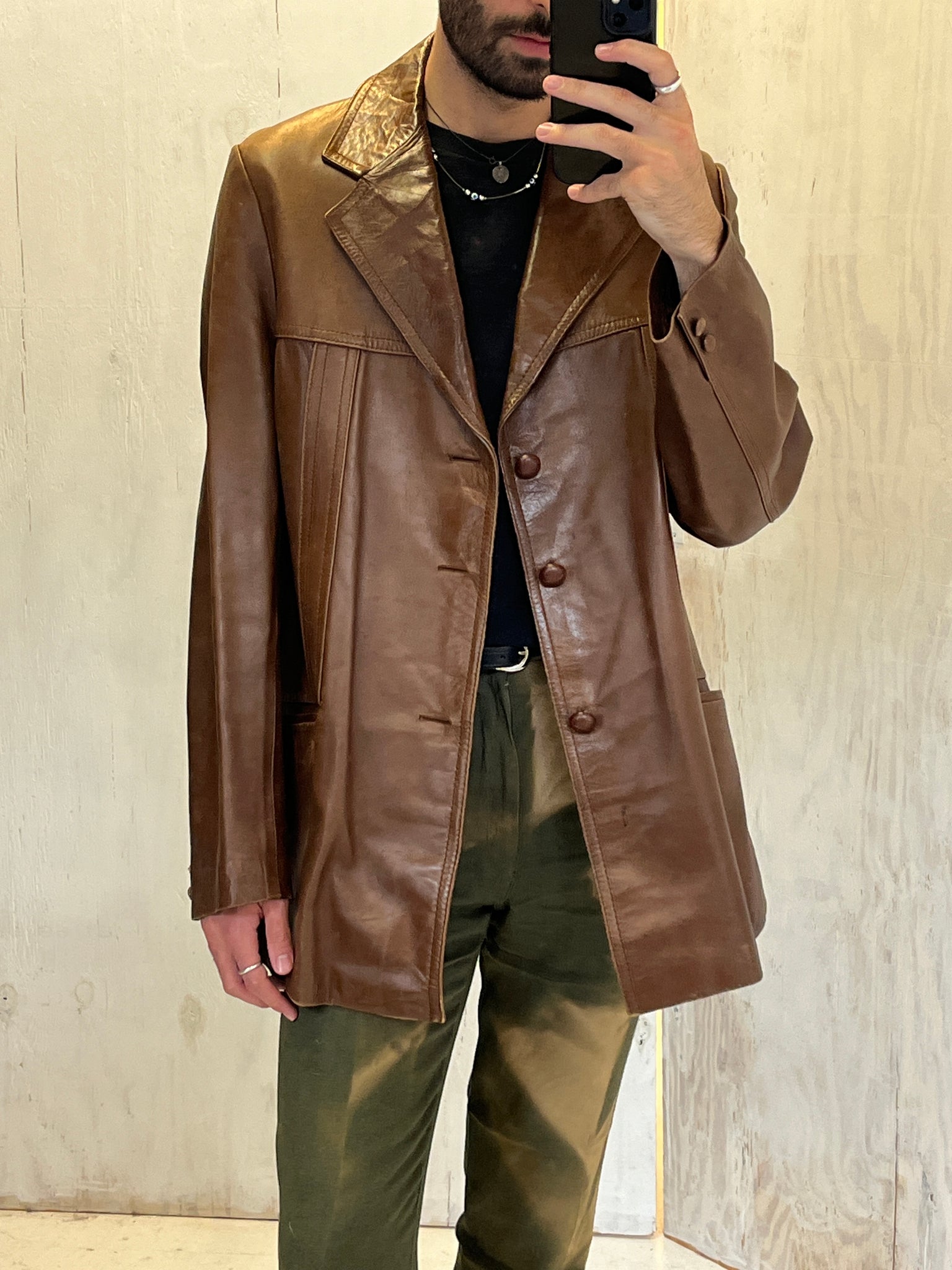 Augusto Gonzalez brown long-line leather jacket