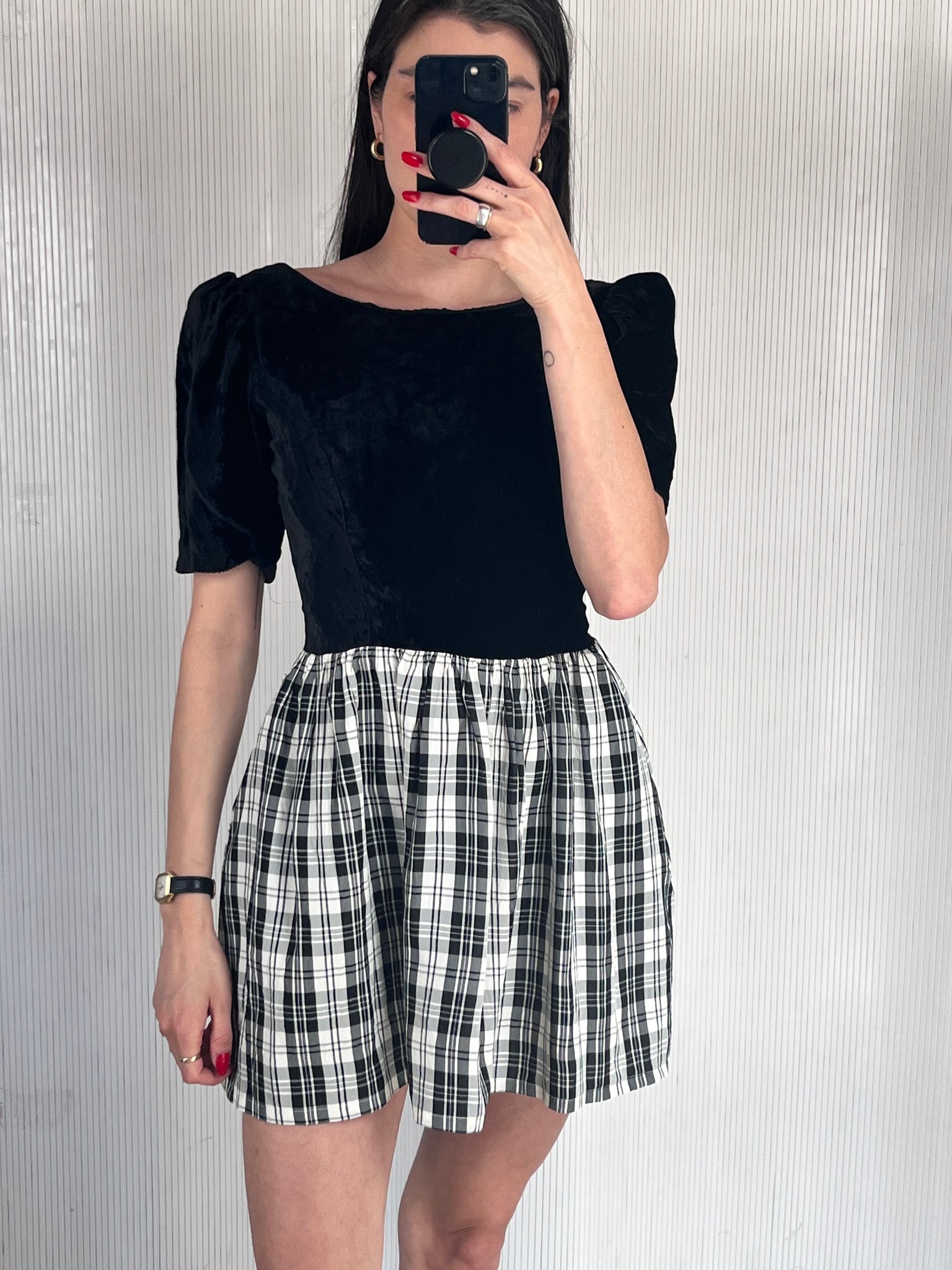 vintage 1980s plaid + velvet mini dress