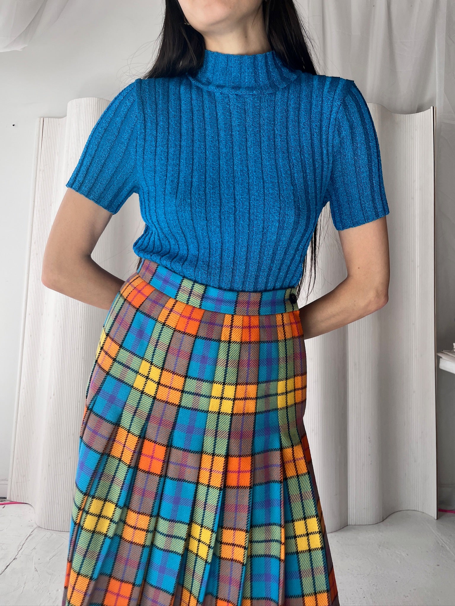 Escada Colorful Plaid Pleated Skirt