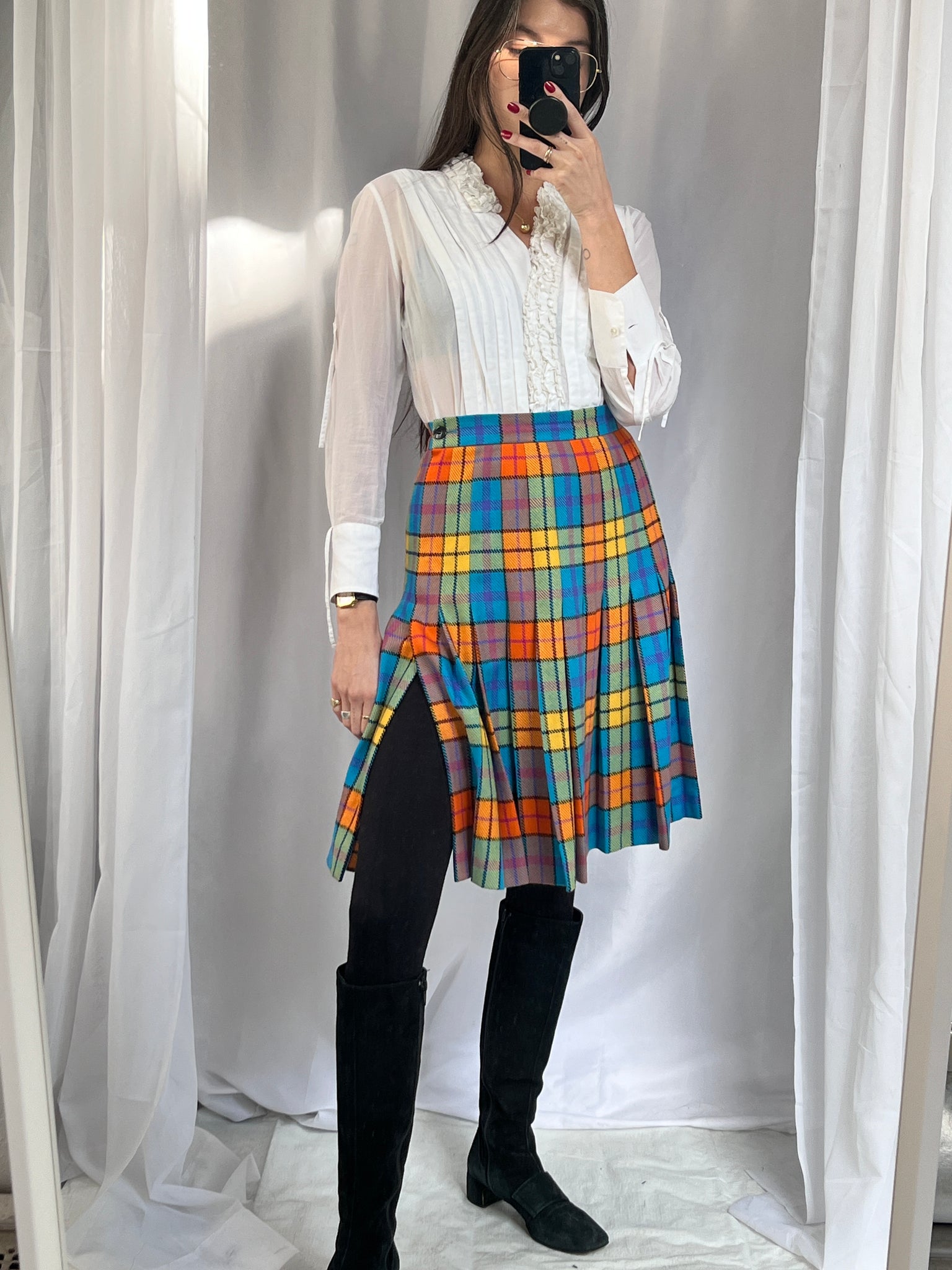 Escada Colorful Plaid Pleated Skirt