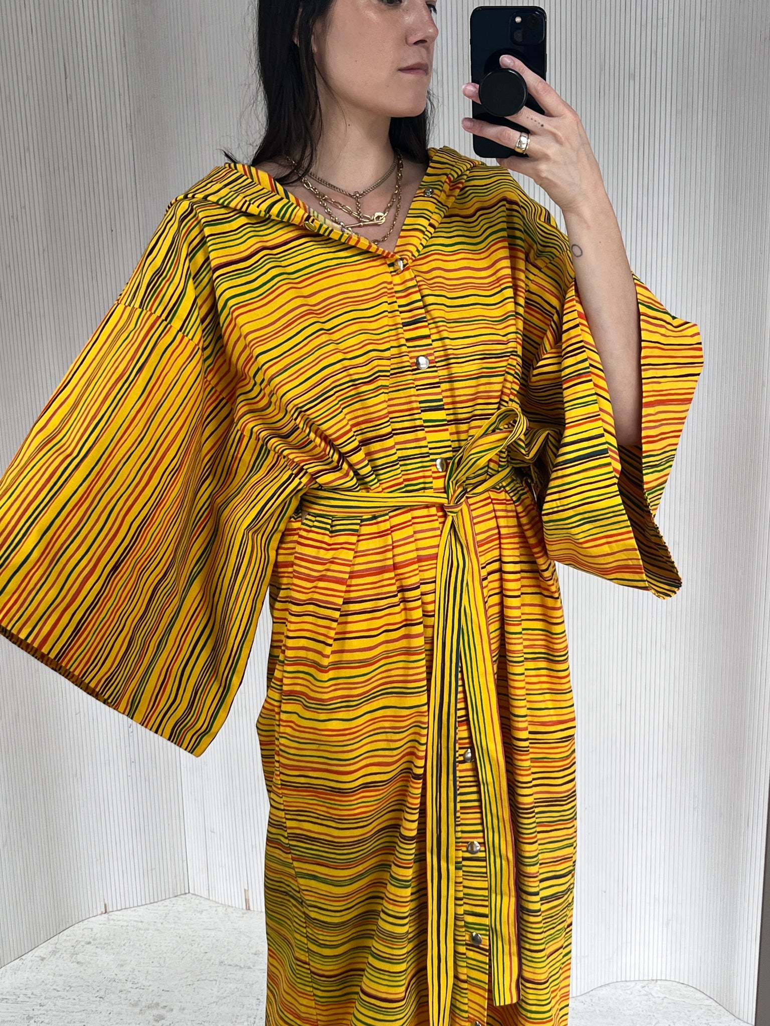 Yellow Hooded Marimekko Robe