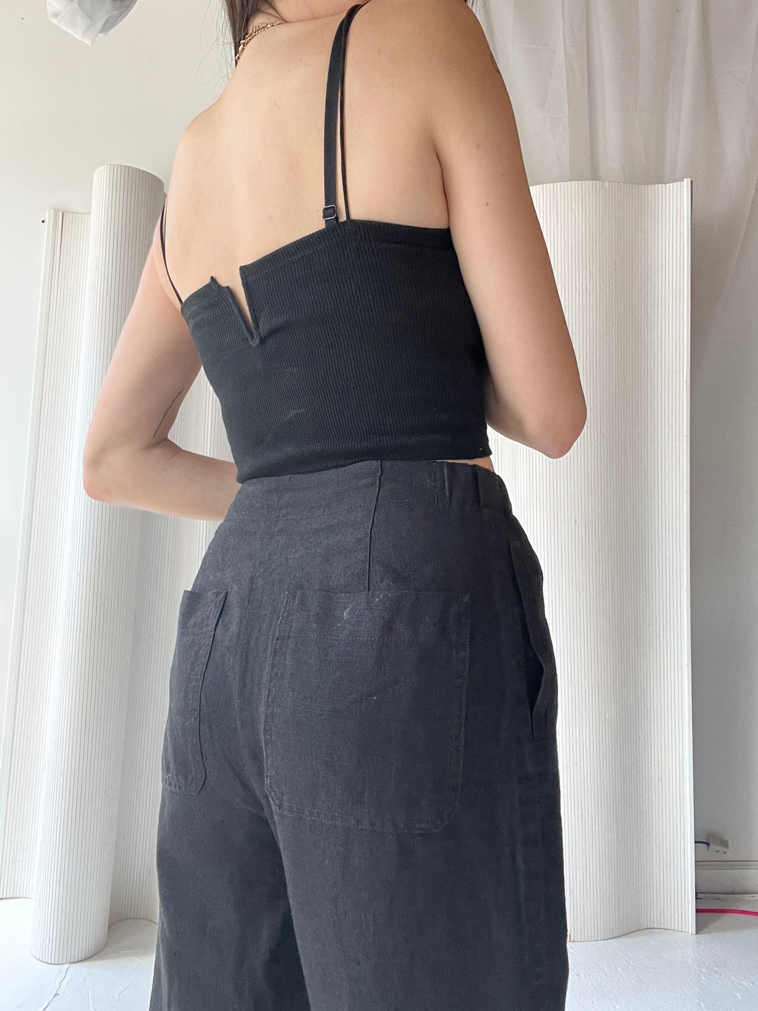 drawstring linen pant black